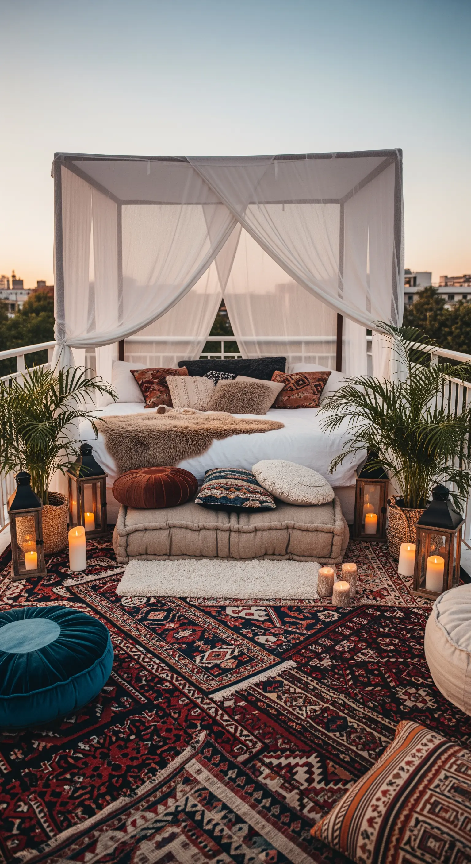 Balcone con un letto a baldacchino, tappeti persiani, cuscini e lanterne per un'atmosfera romantica.