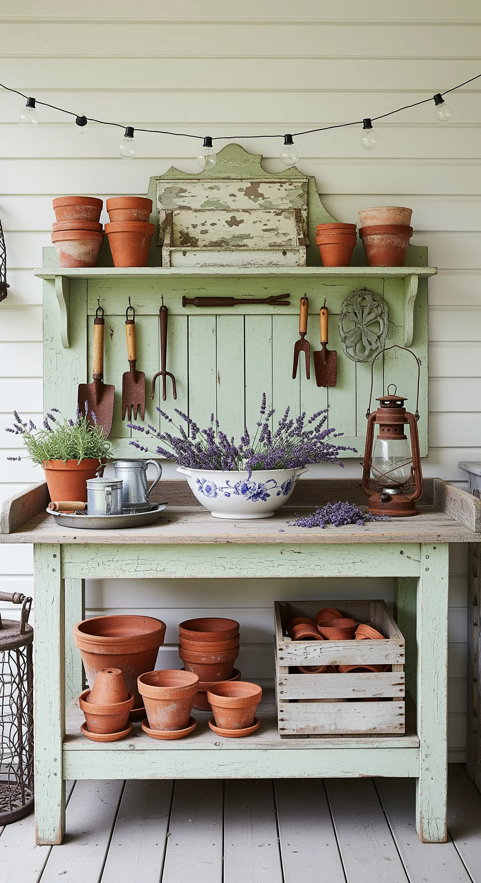 Banco da giardinaggio verde menta con vasi in terracotta, attrezzi vintage e lavanda fresca.