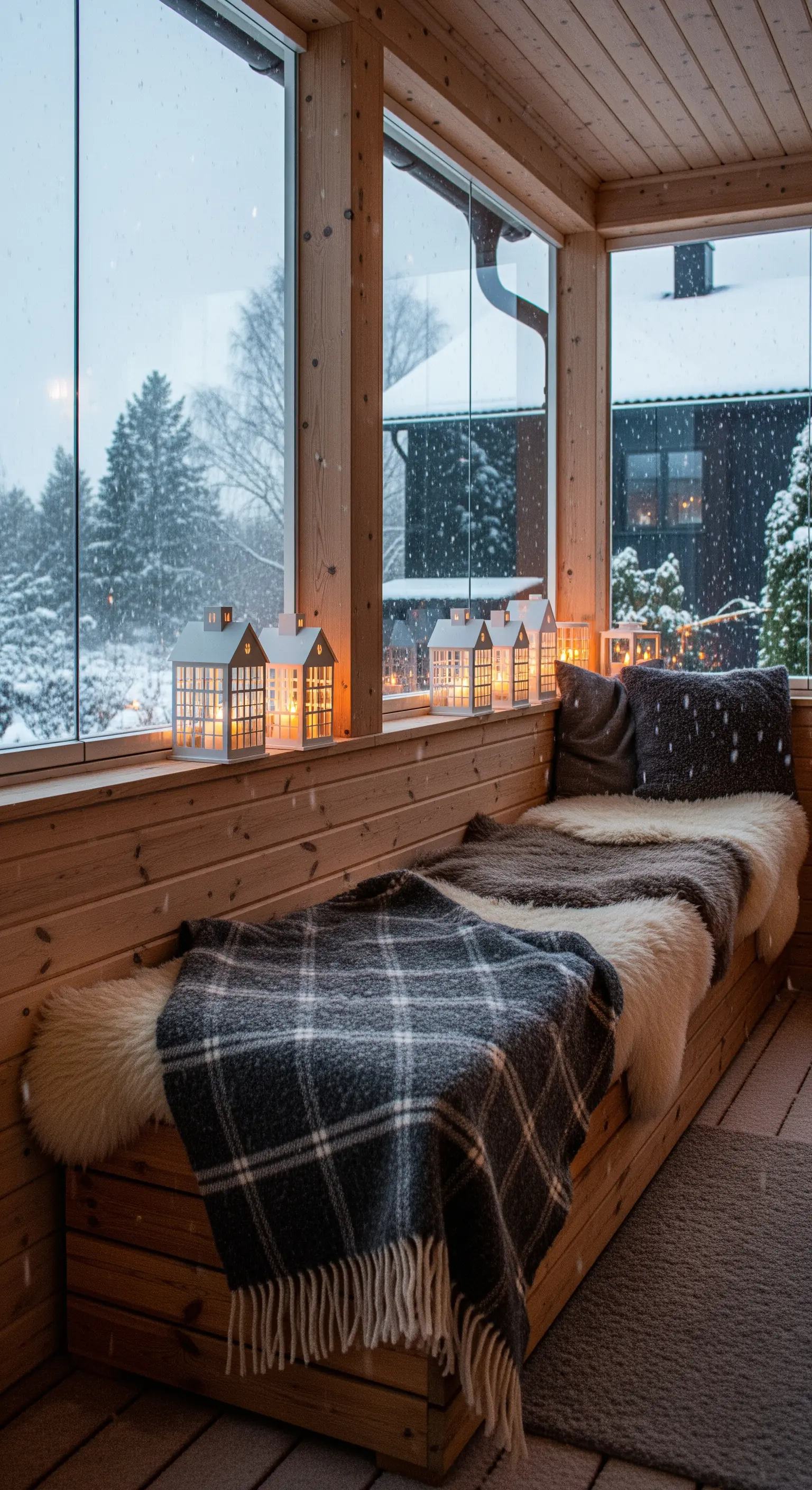 Panca in legno sotto una finestra con pelliccia sintetica, plaid e lanterne a casetta