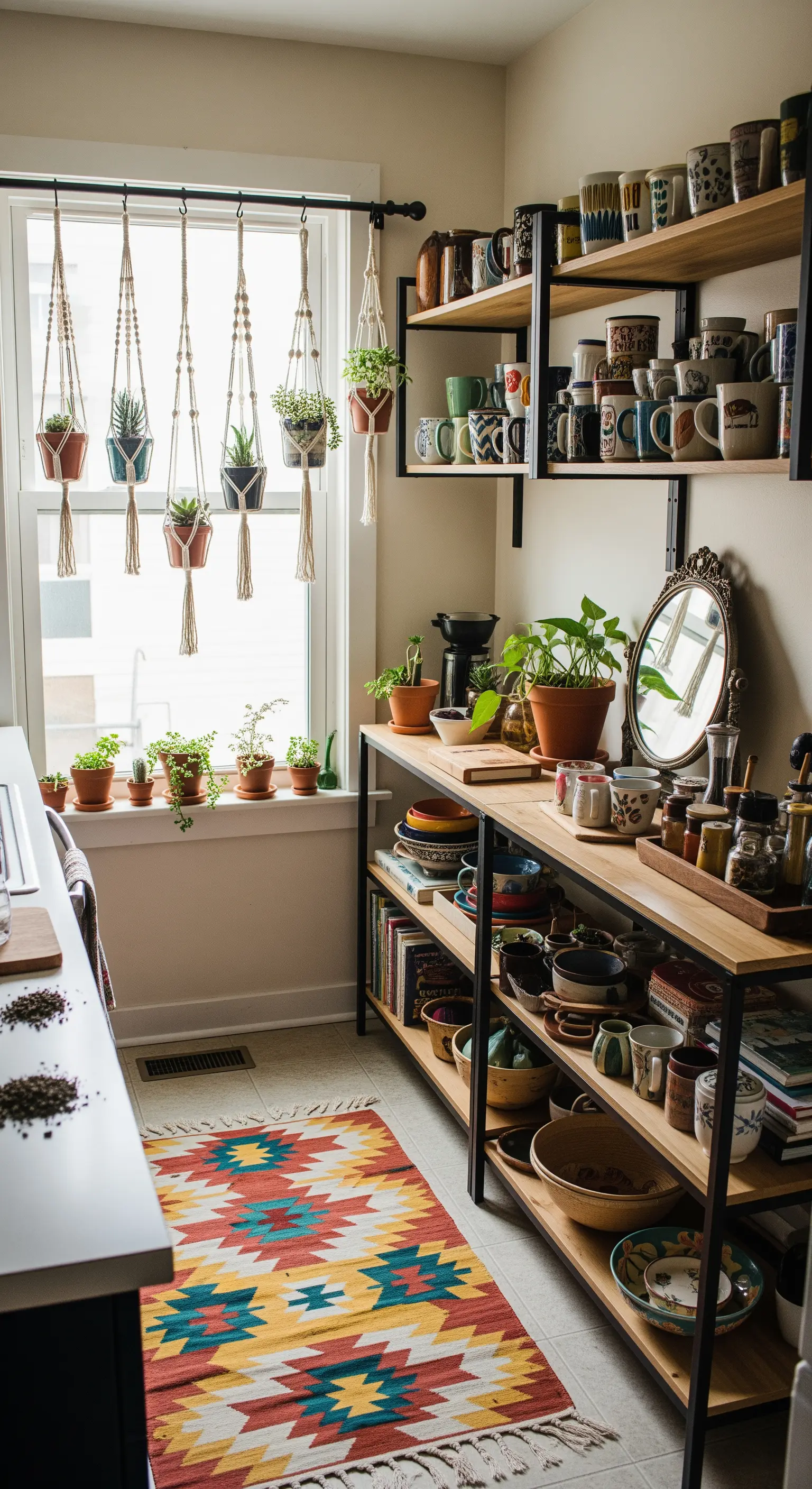 Piccola cucina con mensole a giorno piene di tazze e piante sospese davanti alla finestra.