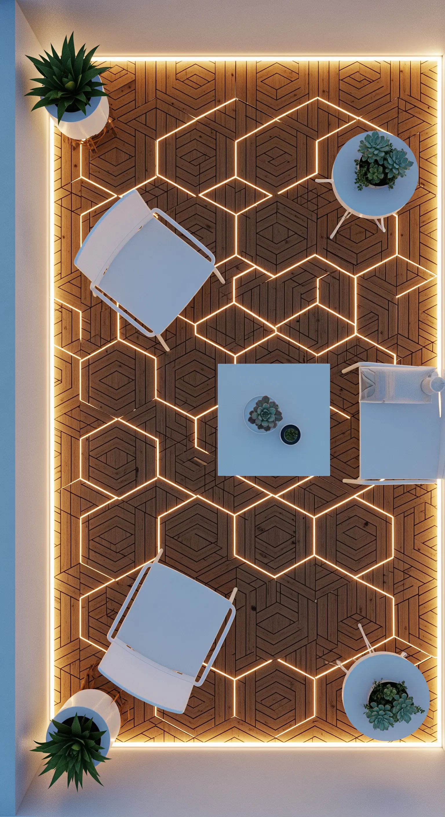 Vista dall'alto di un balcone con pavimento in legno a esagoni e fughe luminose a LED