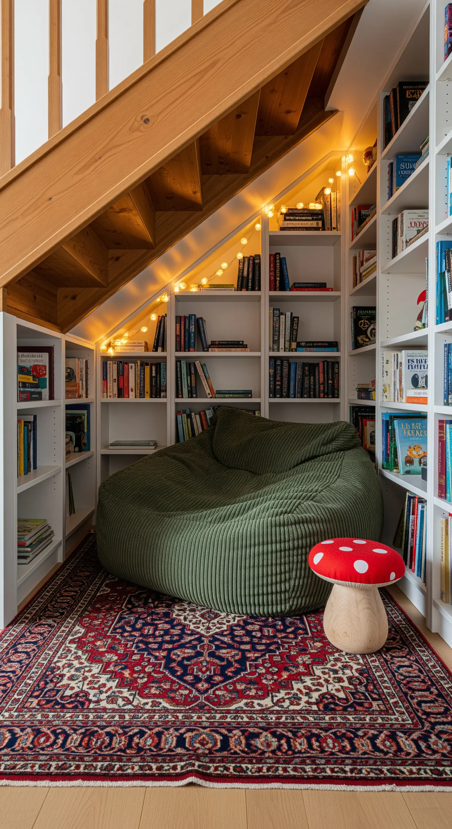 Rifugio lettura in un sottoscala con librerie bianche, poltrona a sacco verde e luci a stringa.