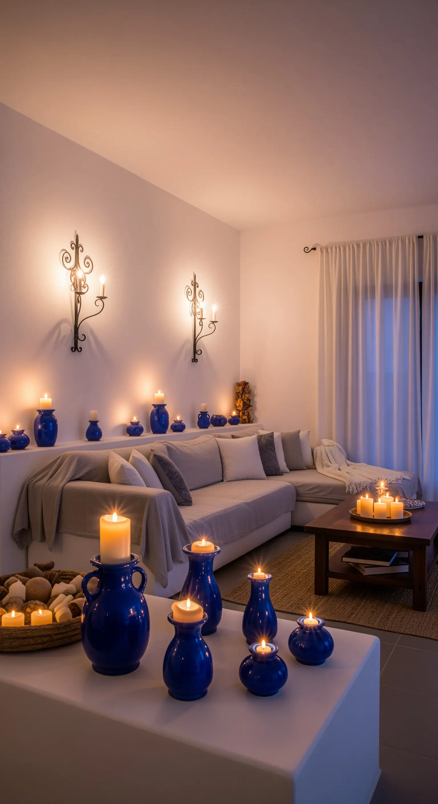 Soggiorno illuminato da decine di candele poste in portacandele di ceramica blu.