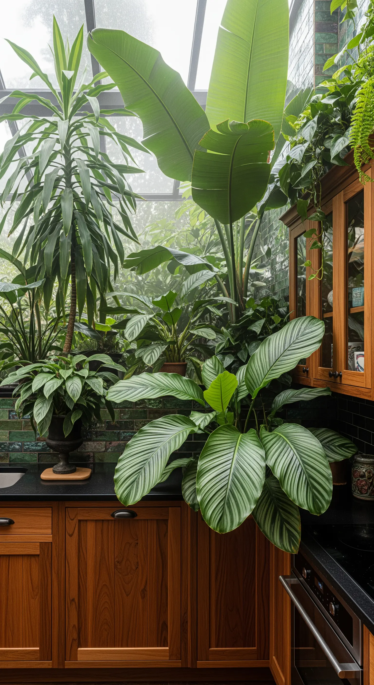 Cucina con soffitto in vetro piena di piante tropicali lussureggianti.