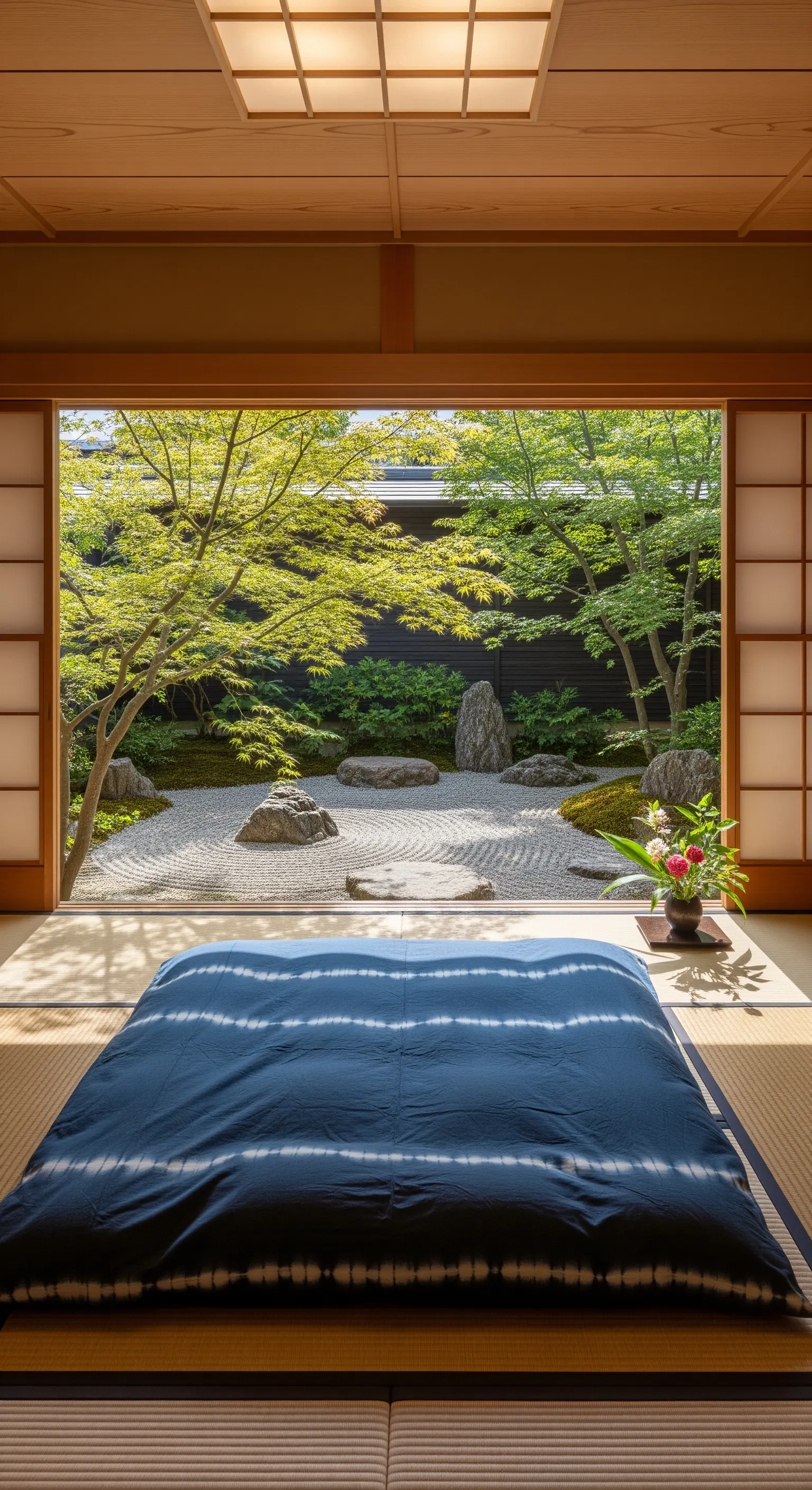 Futon blu di fronte a una porta scorrevole aperta su un giardino zen.