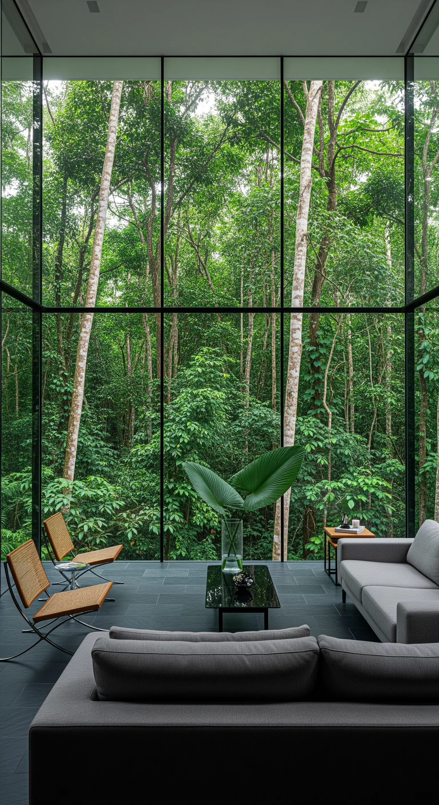 Living minimalista con vetrata a tutta altezza che si affaccia su una foresta lussureggiante.