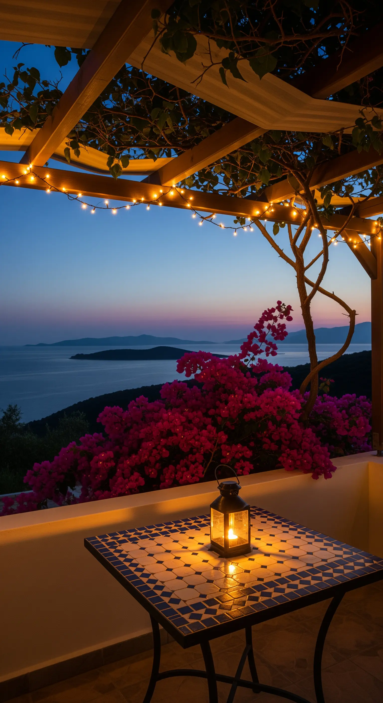 Balcone al tramonto con tavolo in mosaico, lanterna accesa e lucine sul pergolato