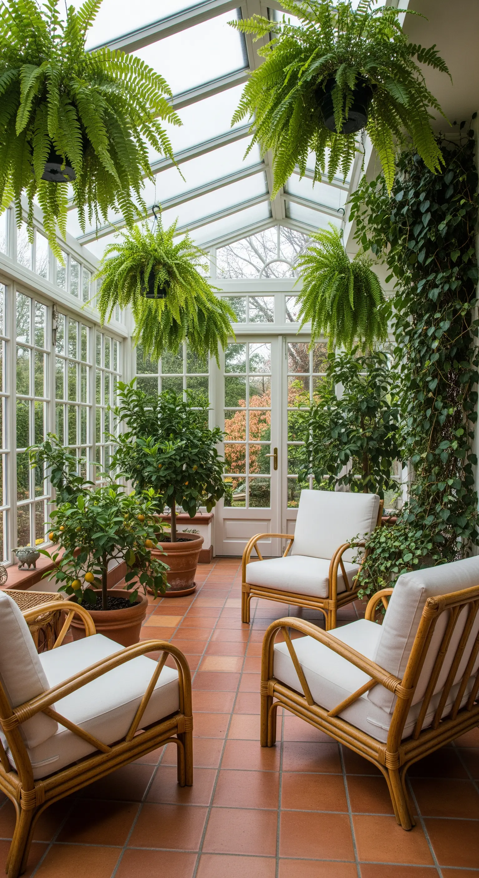 Veranda luminosa con pavimento in cotto, poltrone in bambù e tante piante verdi