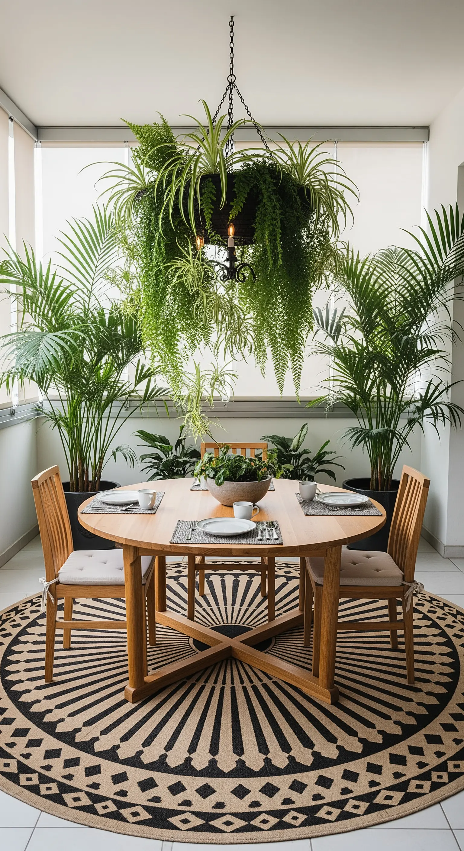 Veranda con tavolo da pranzo rotondo, tappeto coordinato e grandi piante tropicali.