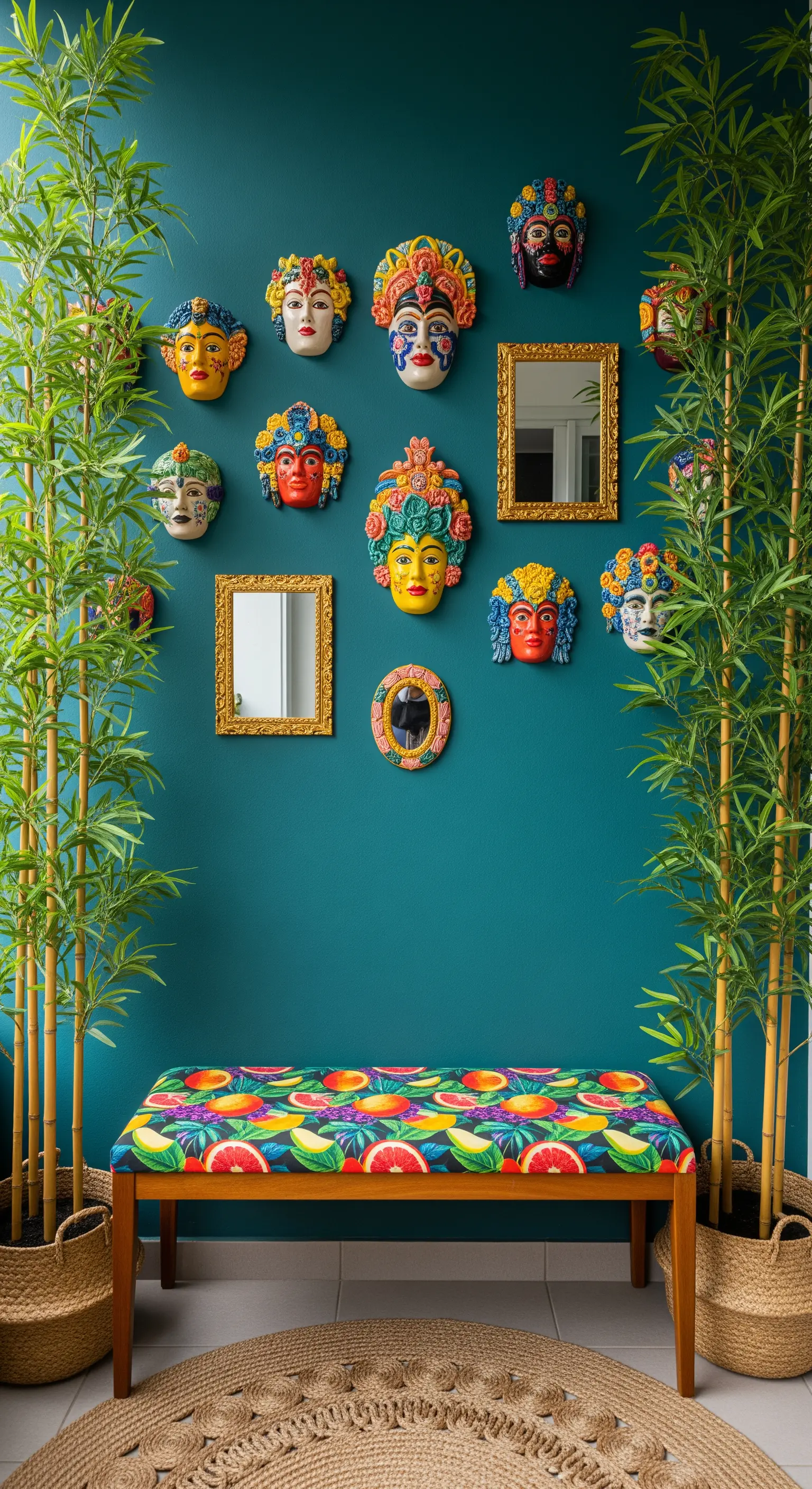 Parete verde petrolio decorata con maschere colorate, specchi dorati e una panca con tessuto tropicale.