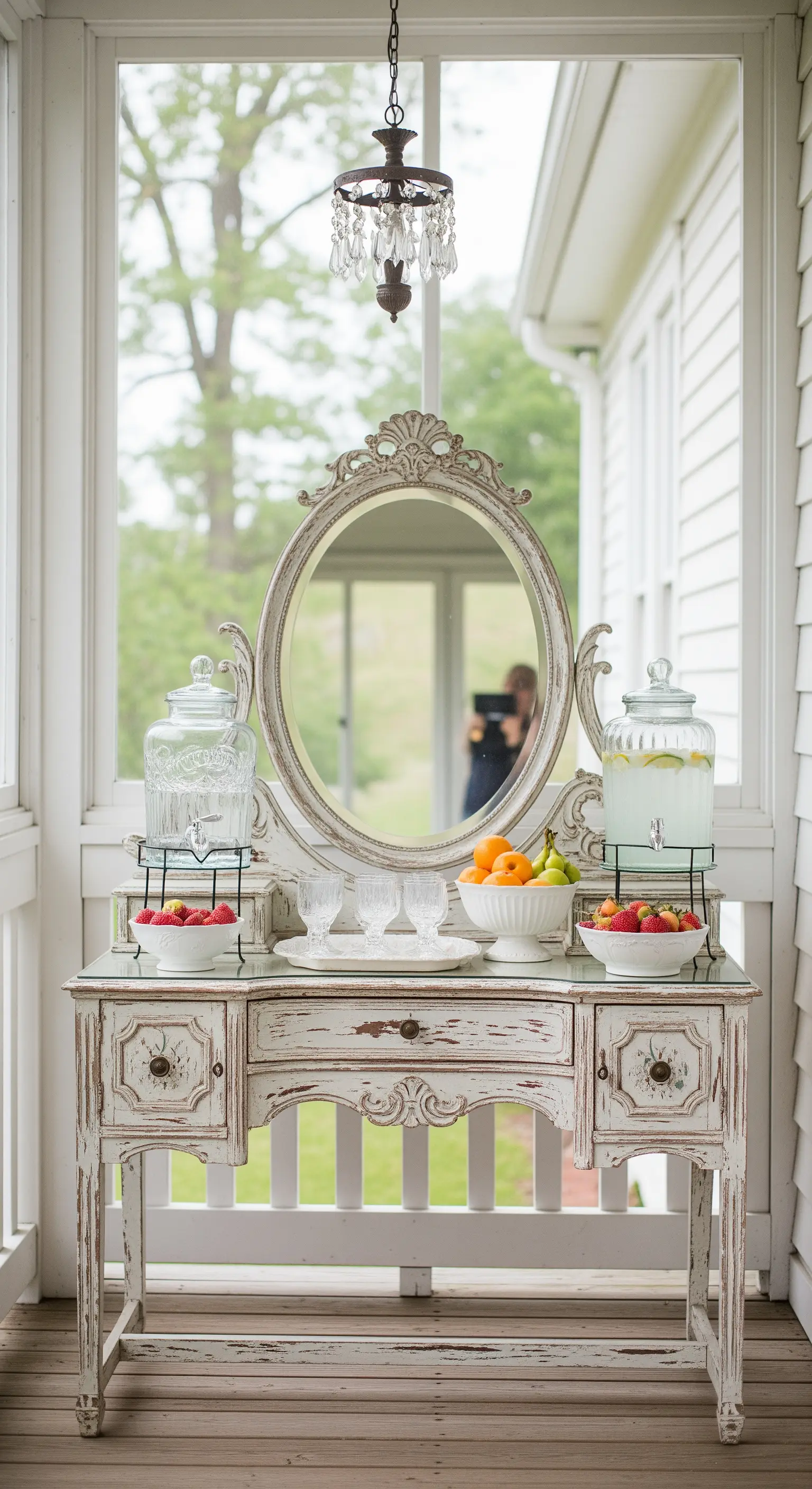 Vecchia toeletta bianca decapé trasformata in una postazione per bevande con dispenser in vetro.