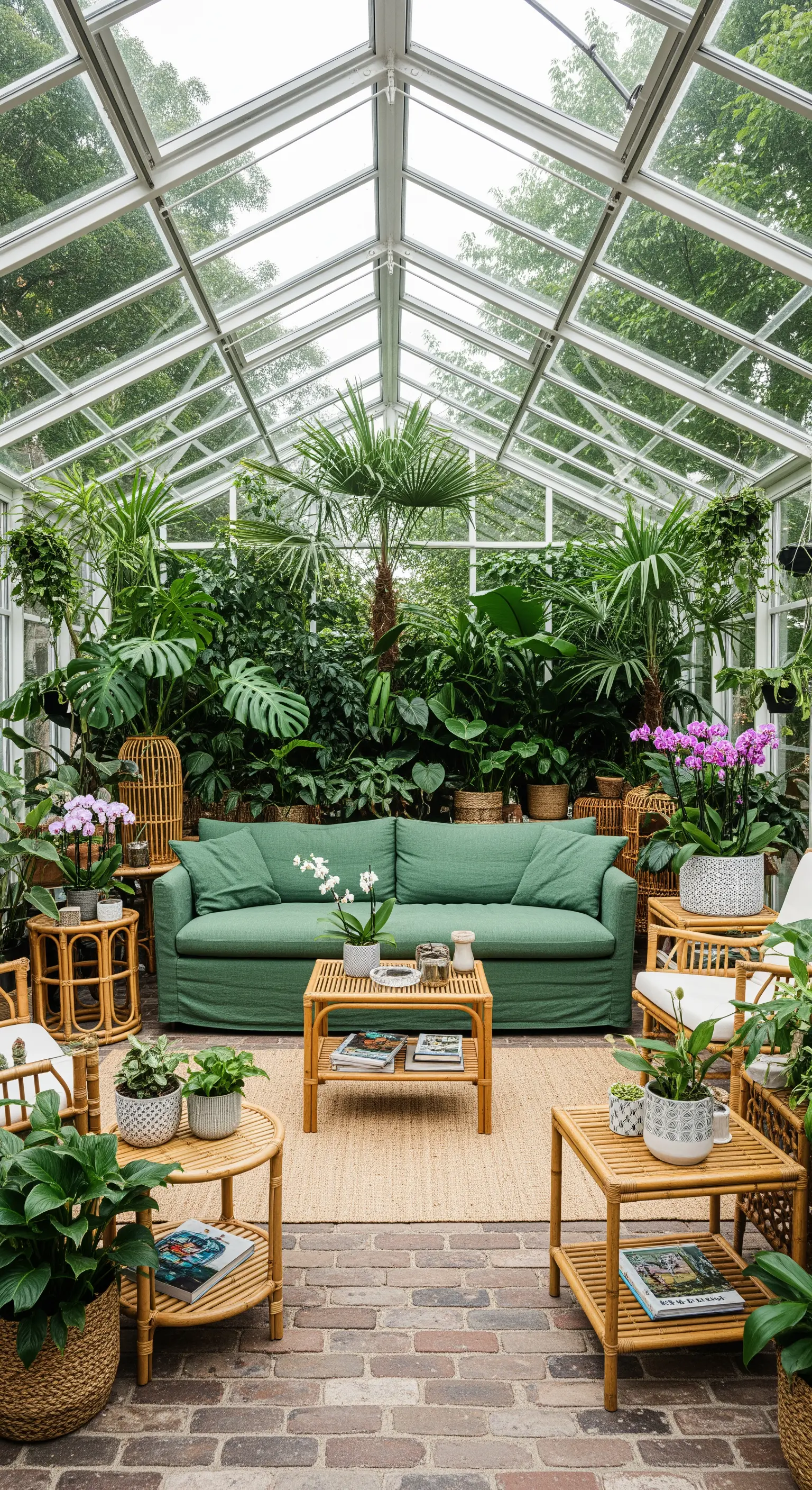 Salotto allestito all'interno di una serra in vetro, circondato da piante tropicali.