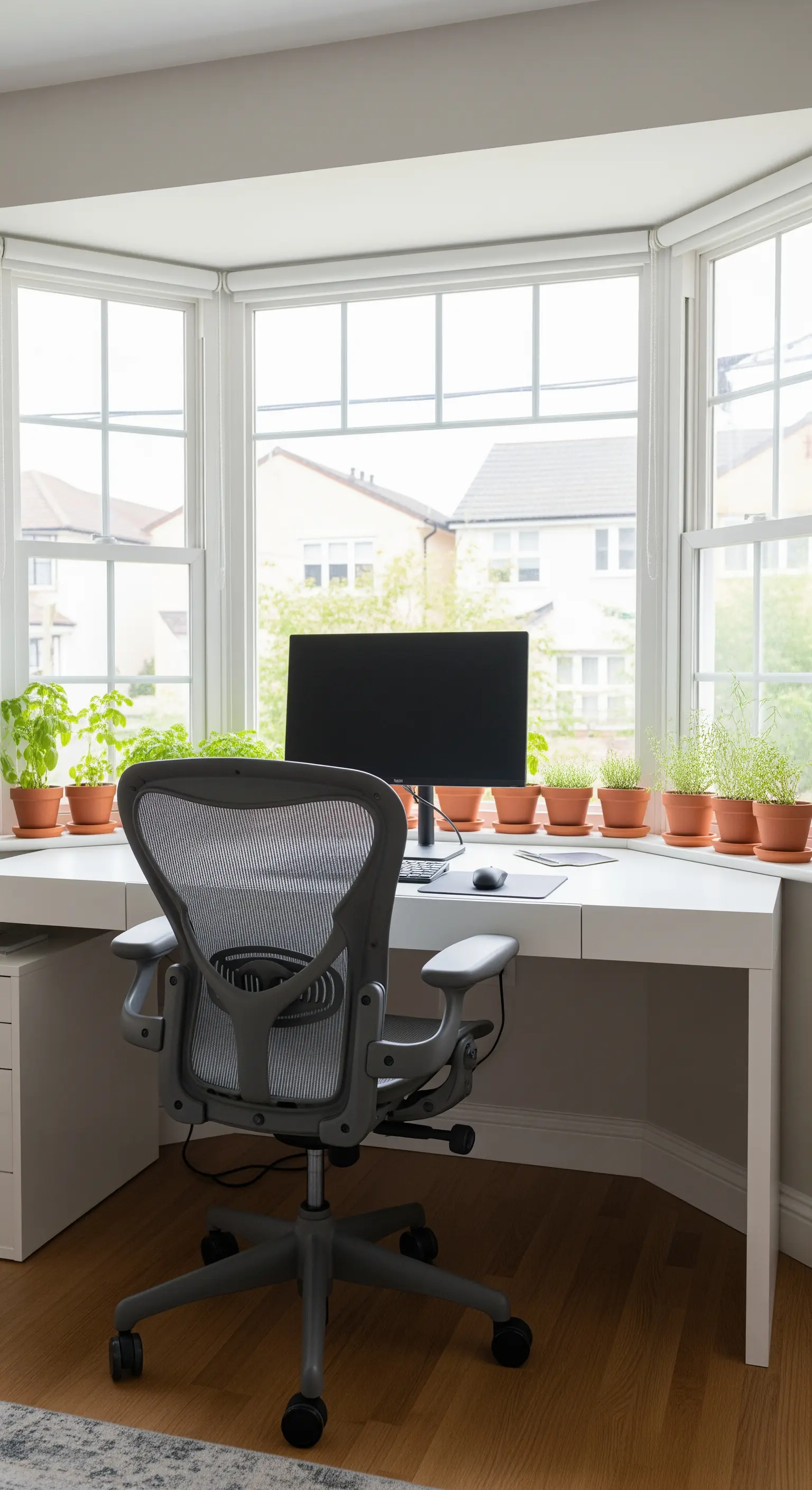 Ampia scrivania bianca installata in una finestra a golfo, con sedia ergonomica e piante.