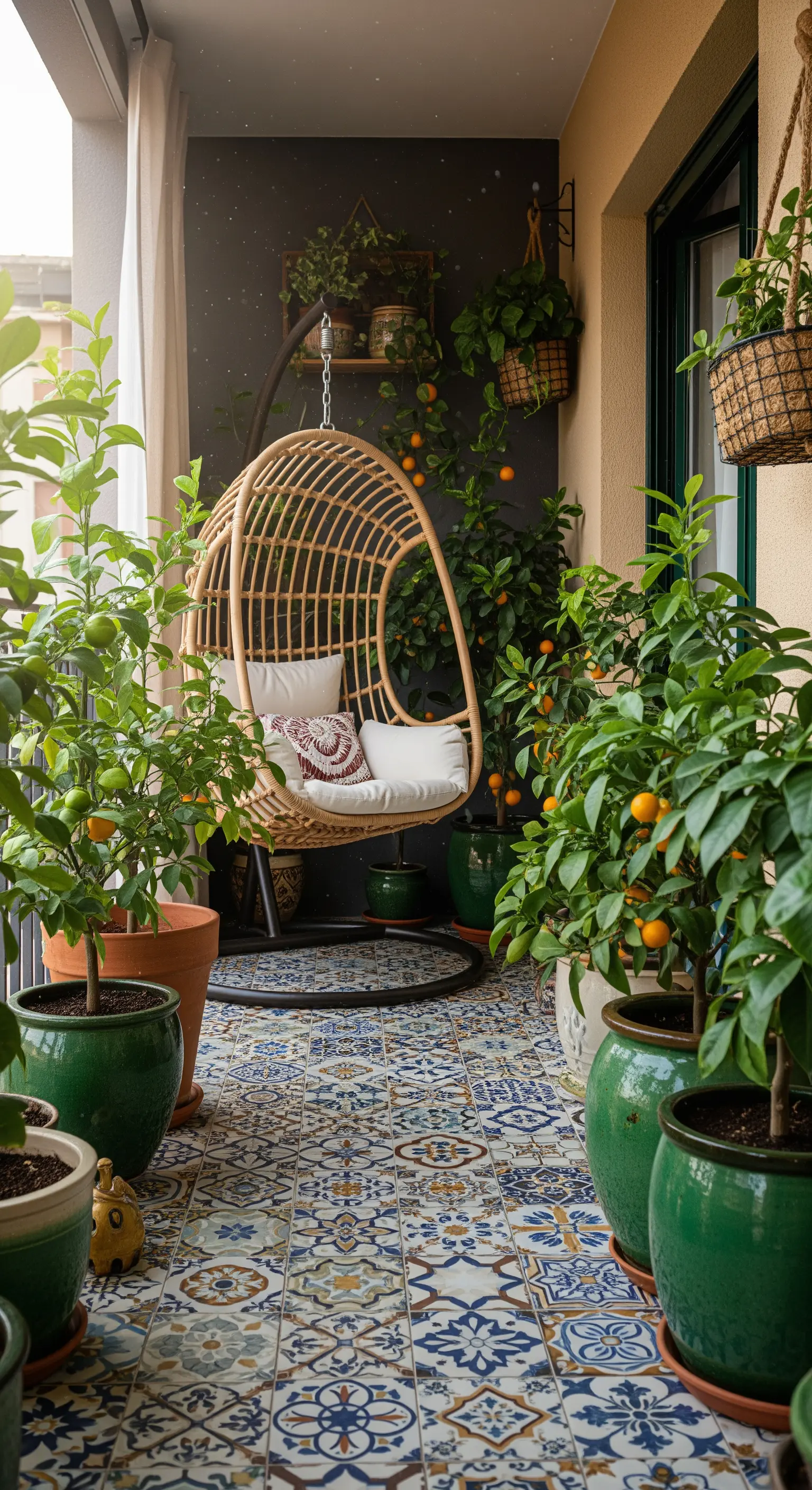 Balcone piccolo con poltrona sospesa in rattan, circondata da numerose piante di agrumi in vaso