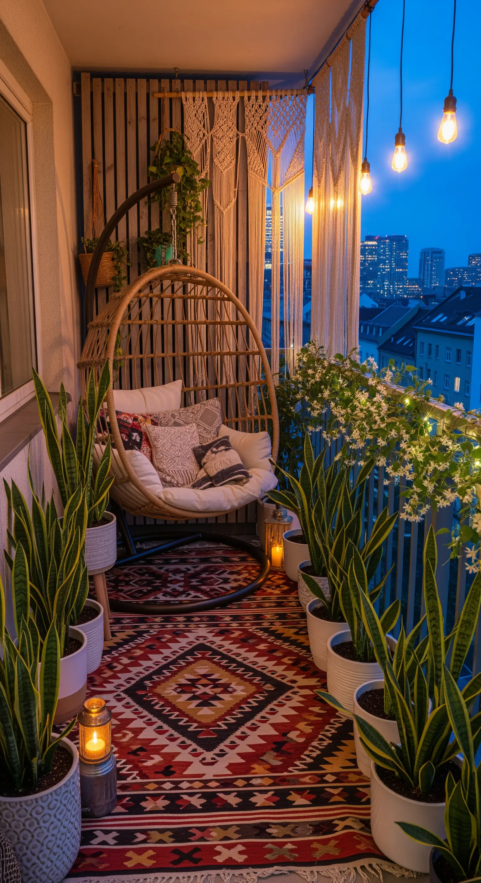Balcone bohémien di sera con sedia sospesa, piante e luci a stringa.