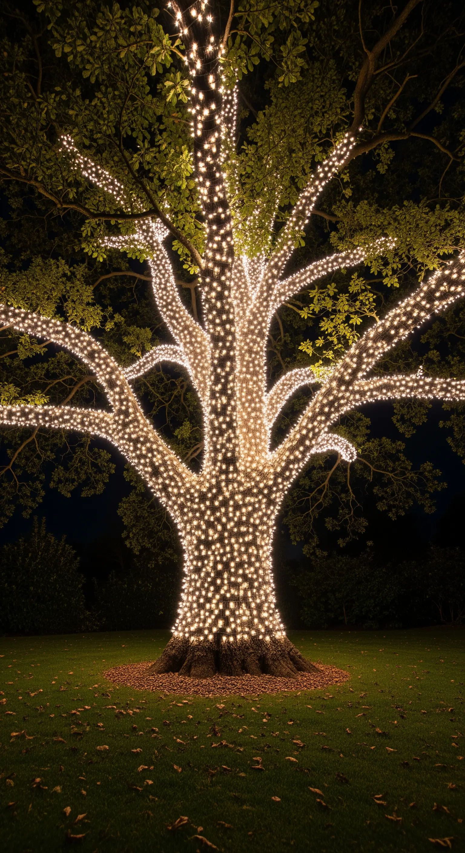 Grande albero con tronco e rami completamente avvolti da lucine bianche calde.