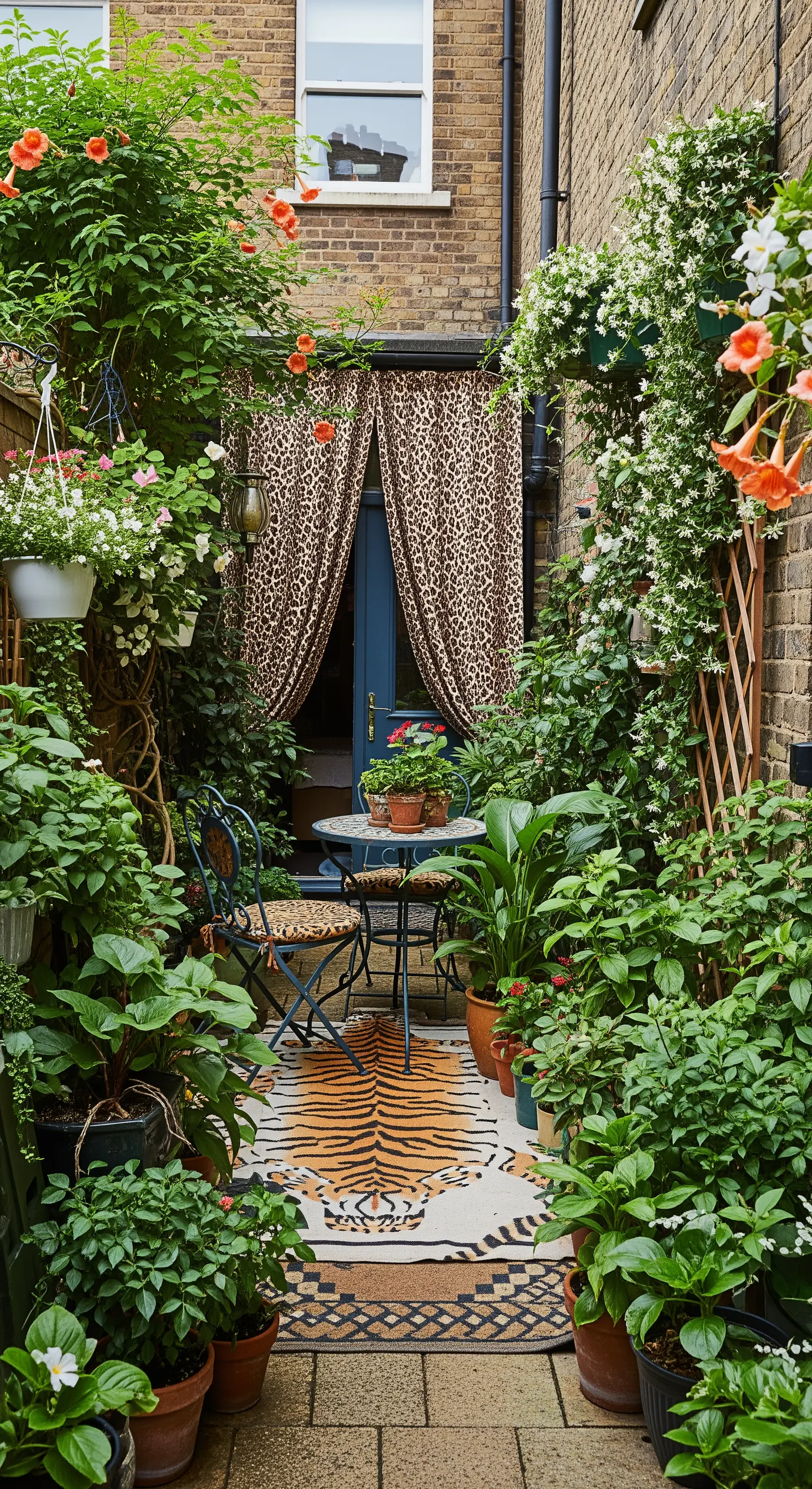 Piccolo cortile lussureggiante con tende leopardate e un tappeto a forma di tigre.