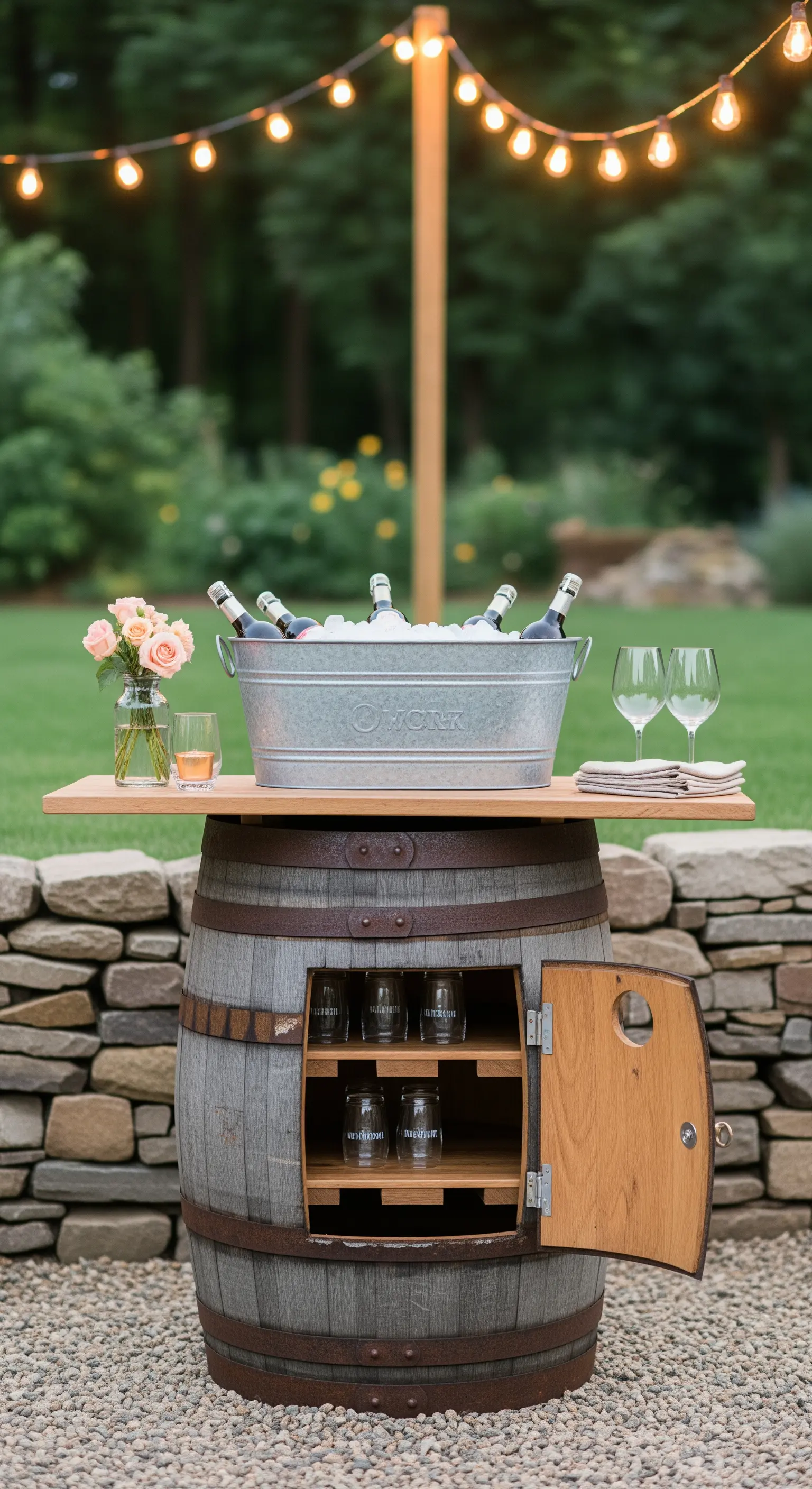 Botte di legno riadattata a mobile bar con sportello, mensole interne e piano d'appoggio.