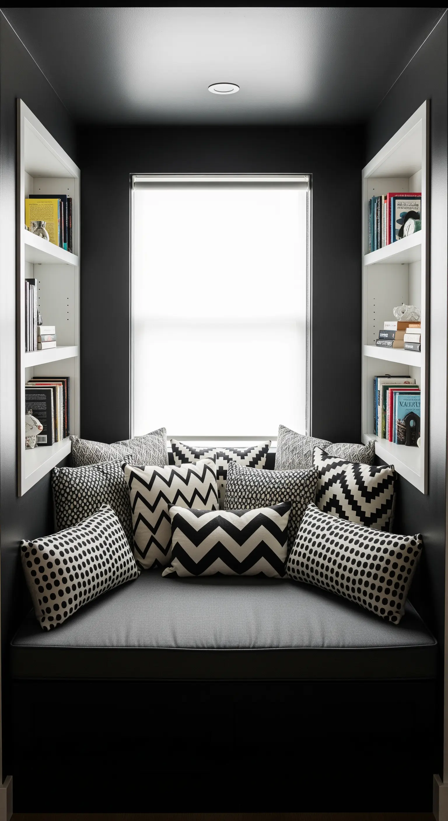Nicchia per sedersi con cuscini geometrici e librerie bianche integrate.