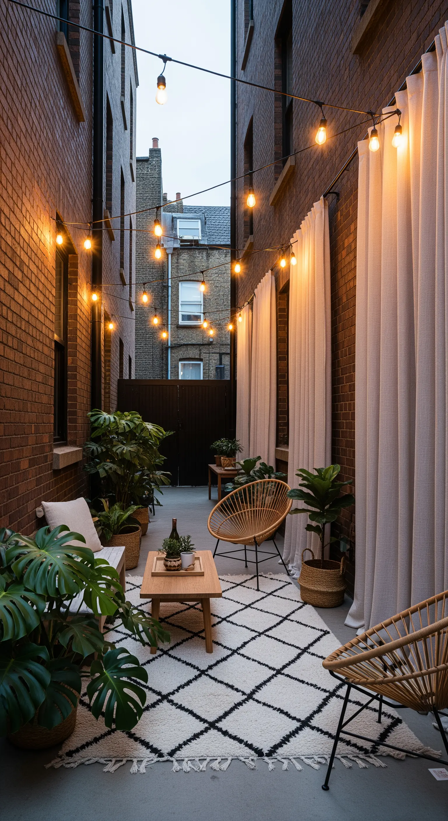 Vicolo trasformato in patio con sedie in rattan, tappeto geometrico e luci sospese.