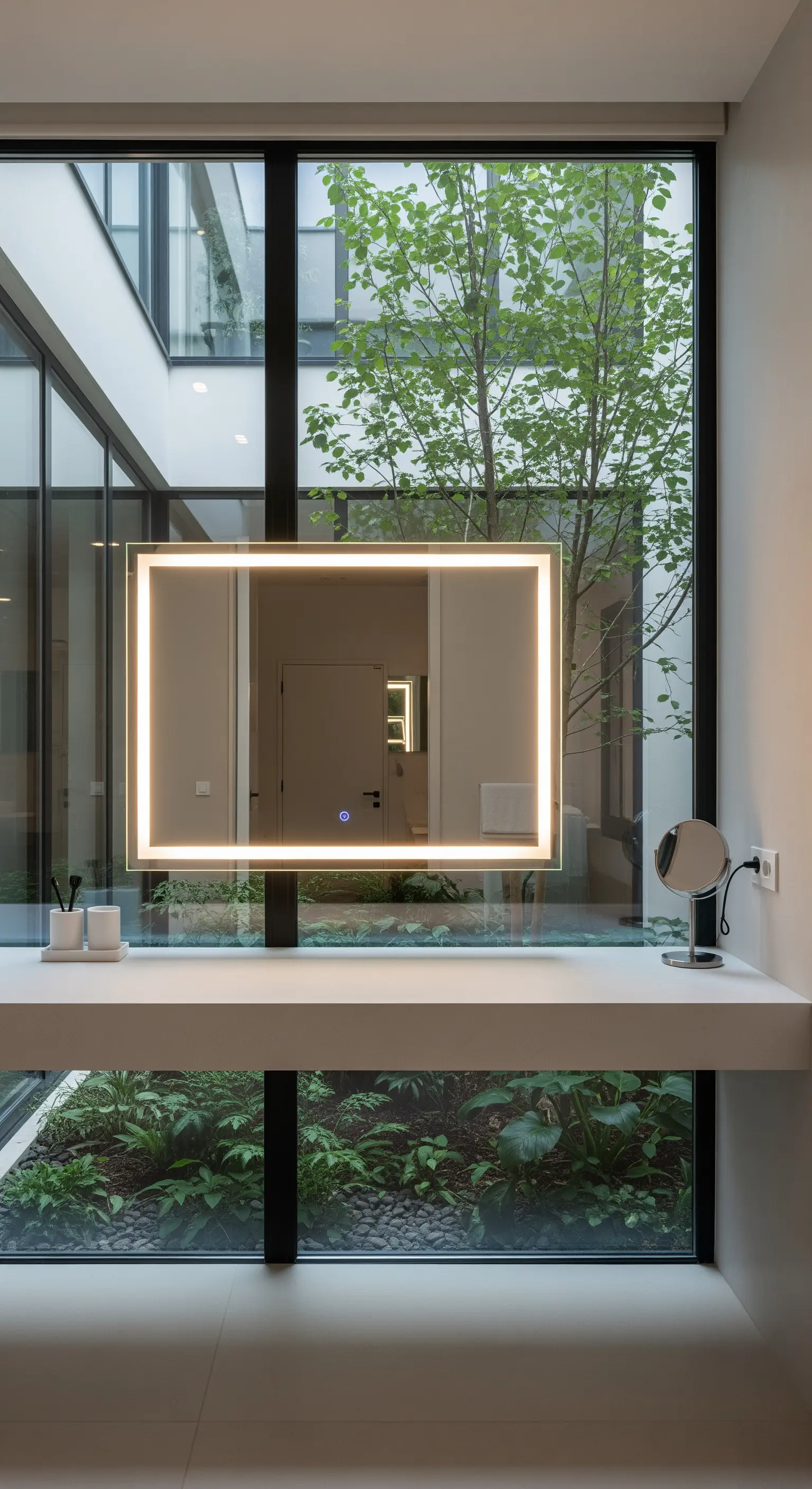 Mensola beauty sospesa davanti a una vetrata con specchio illuminato montato sul vetro.