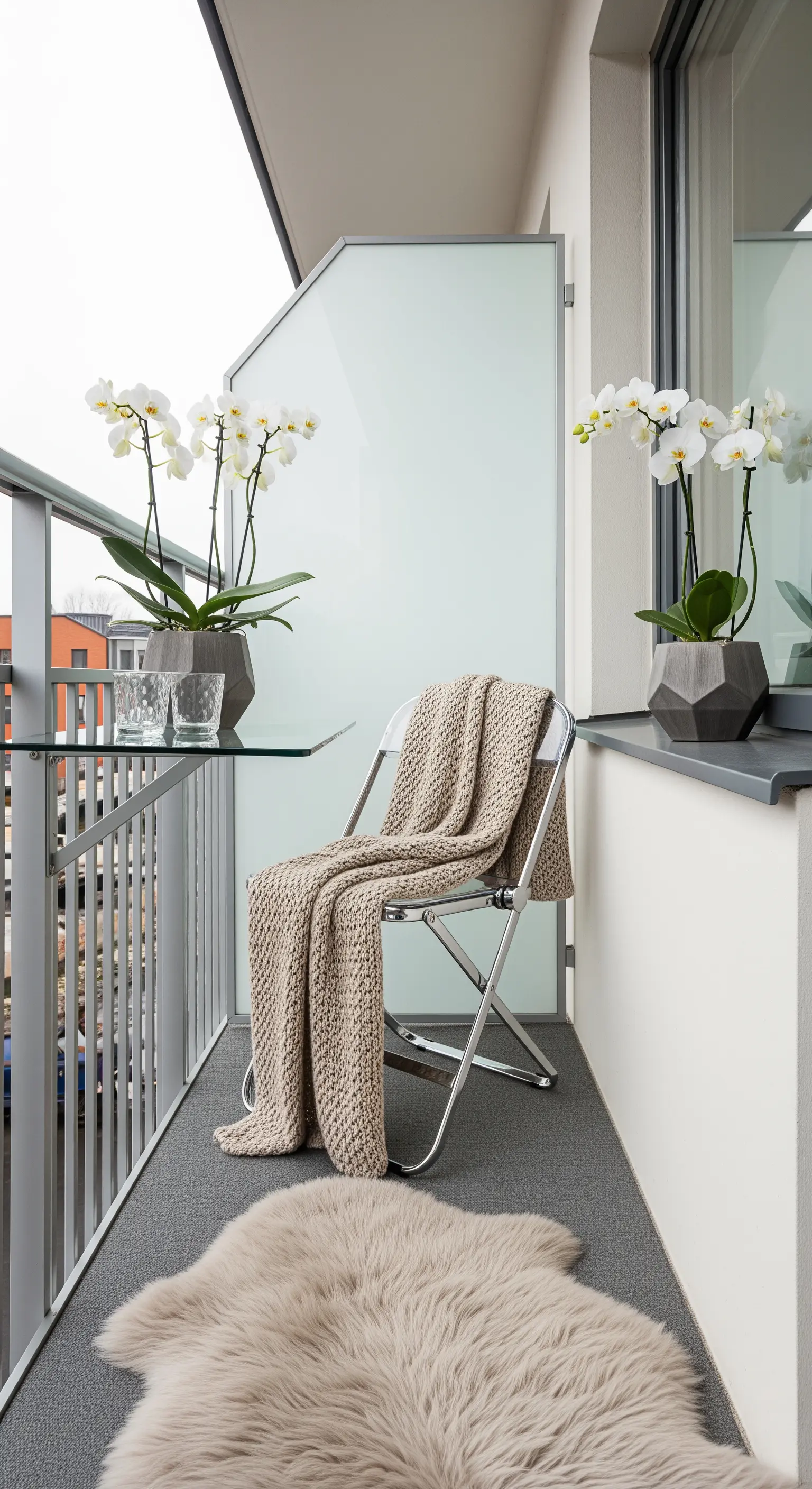 Balcone stretto con tavolo in vetro, sedia cromata, coperta e pelle di pecora.