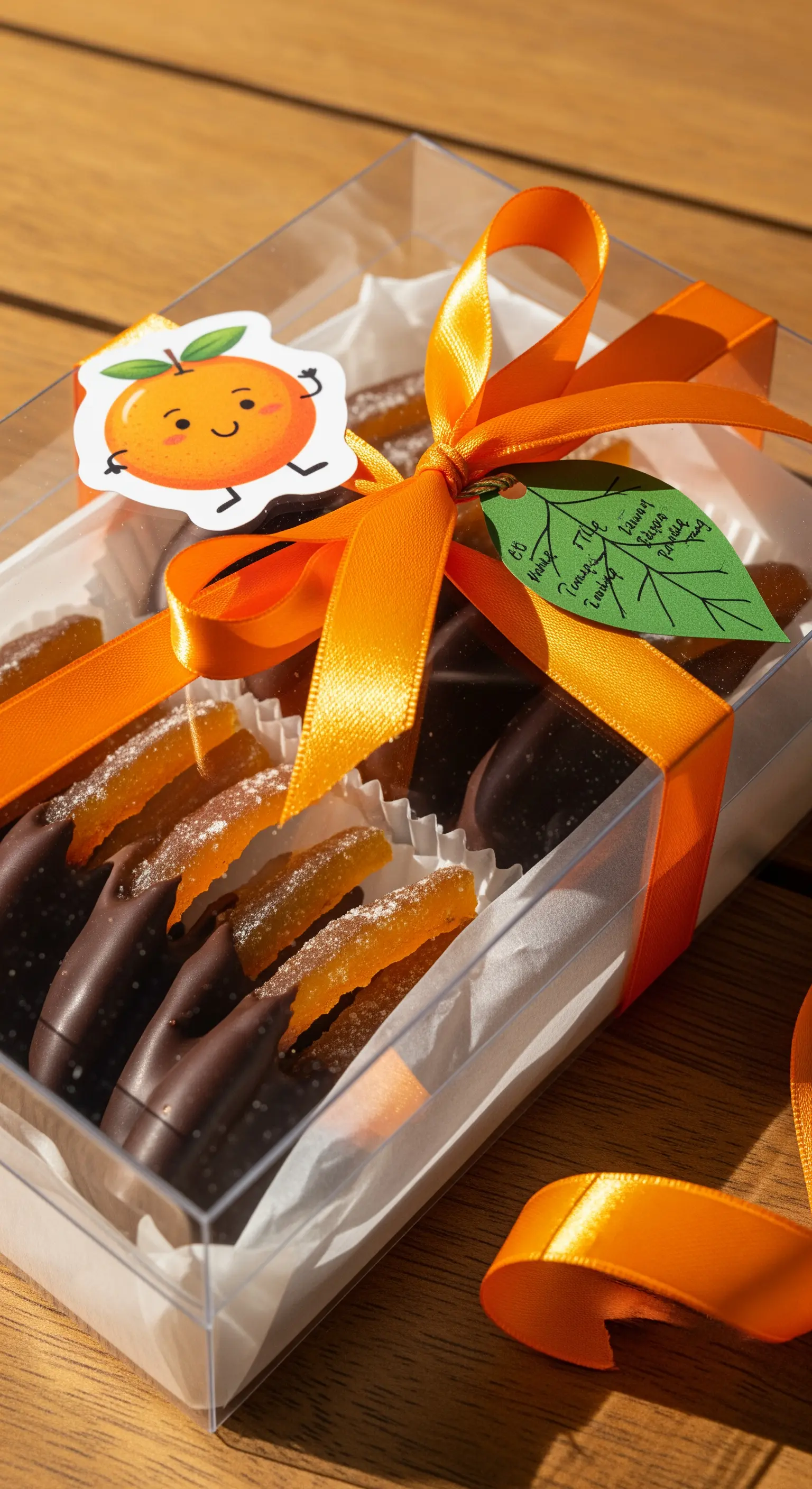 Scorze d'arancia candite al cioccolato in una scatola trasparente con nastro arancione.