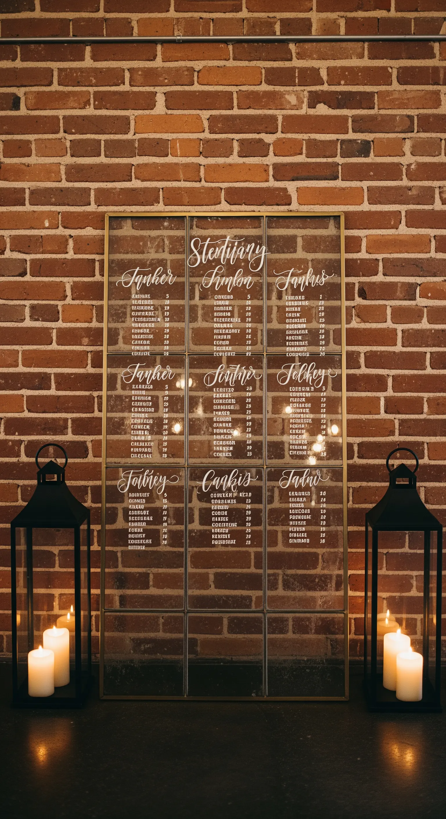Seating plan calligrafico scritto su pannelli di vetro, appoggiato a una parete di mattoni.