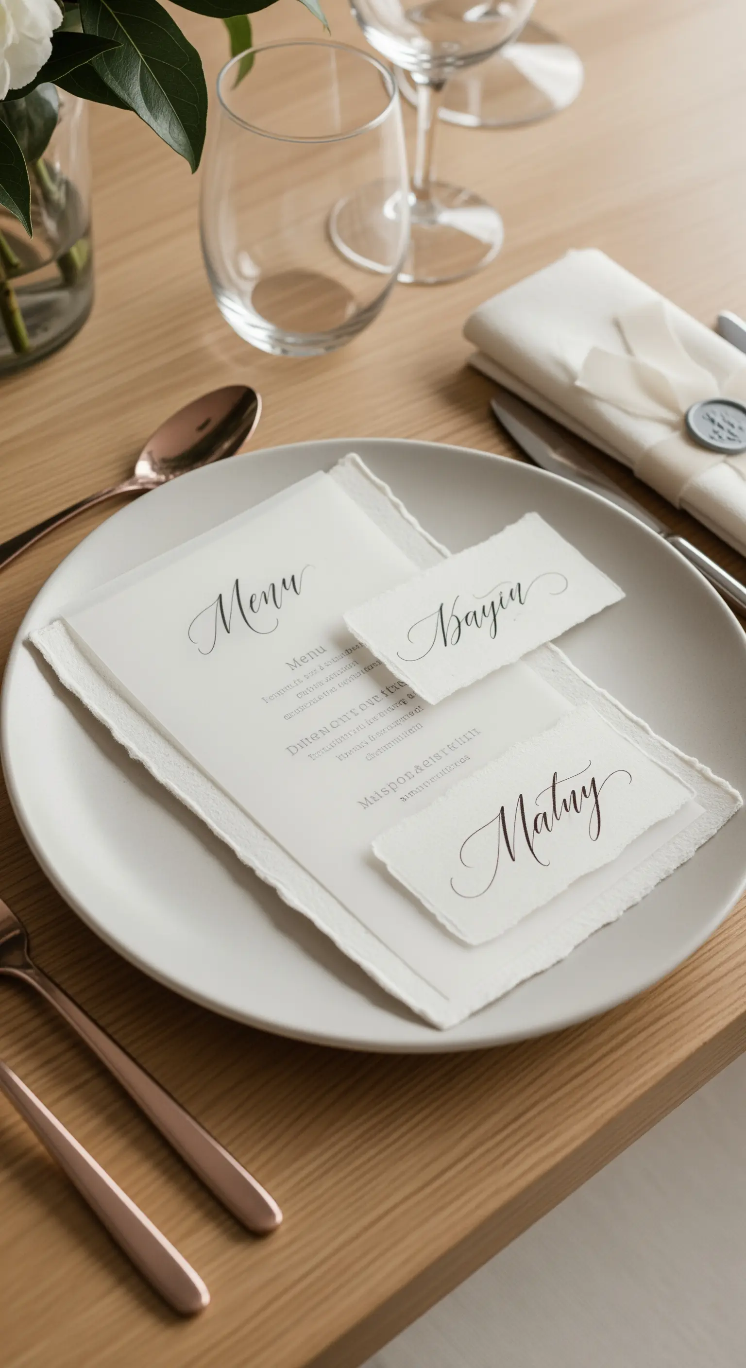 Menu e segnaposto in carta pergamena con calligrafia, posati su un piatto bianco con posate oro rosa.
