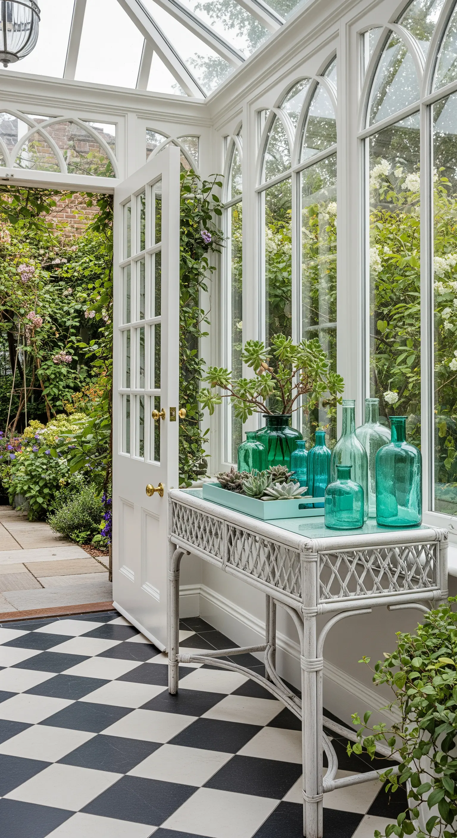 Consolle in rattan bianco in una veranda con una collezione di vasi in vetro verde.
