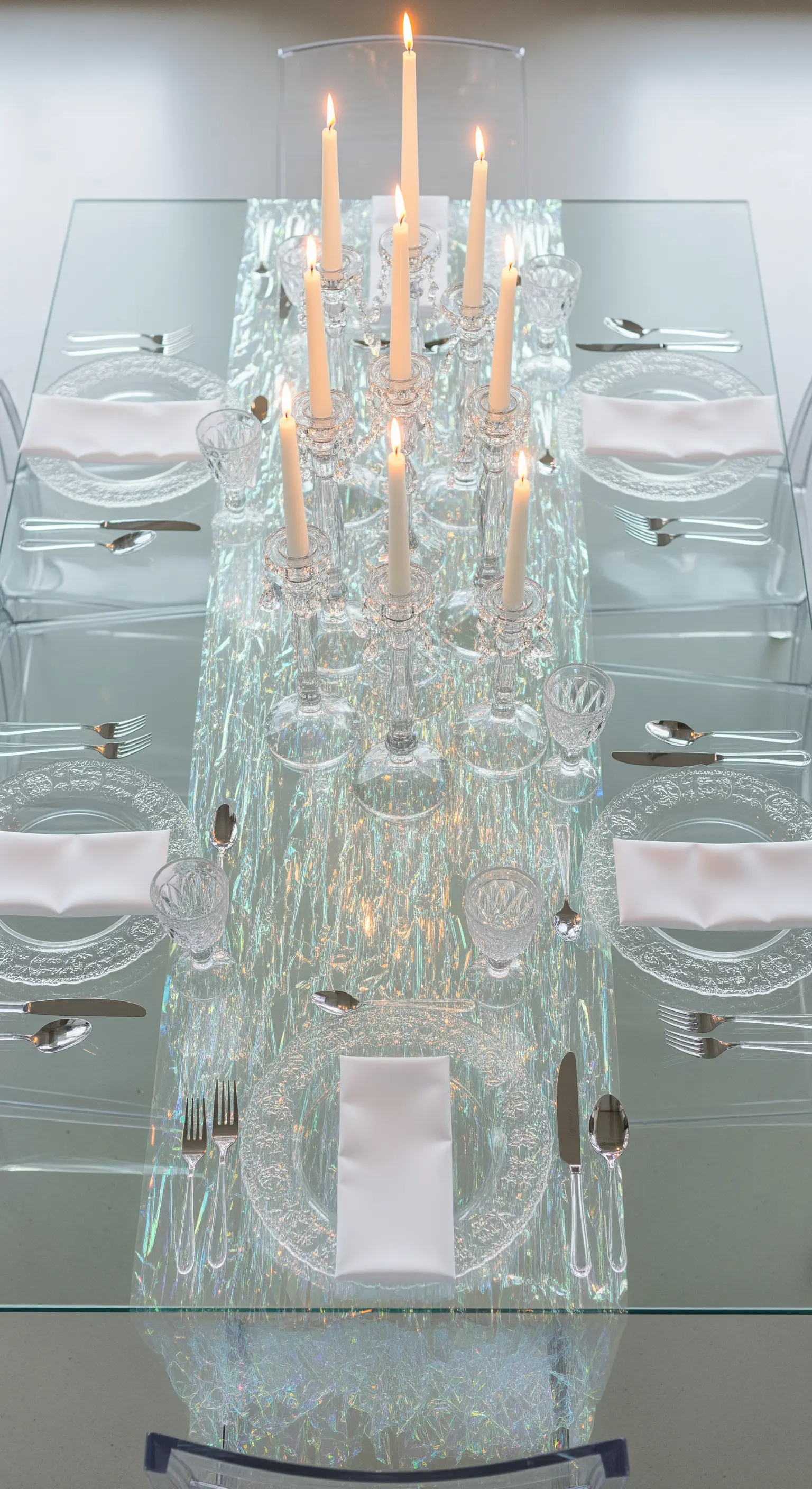 Tavola in vetro con runner iridescente e candelabri in cristallo per un effetto luminoso.