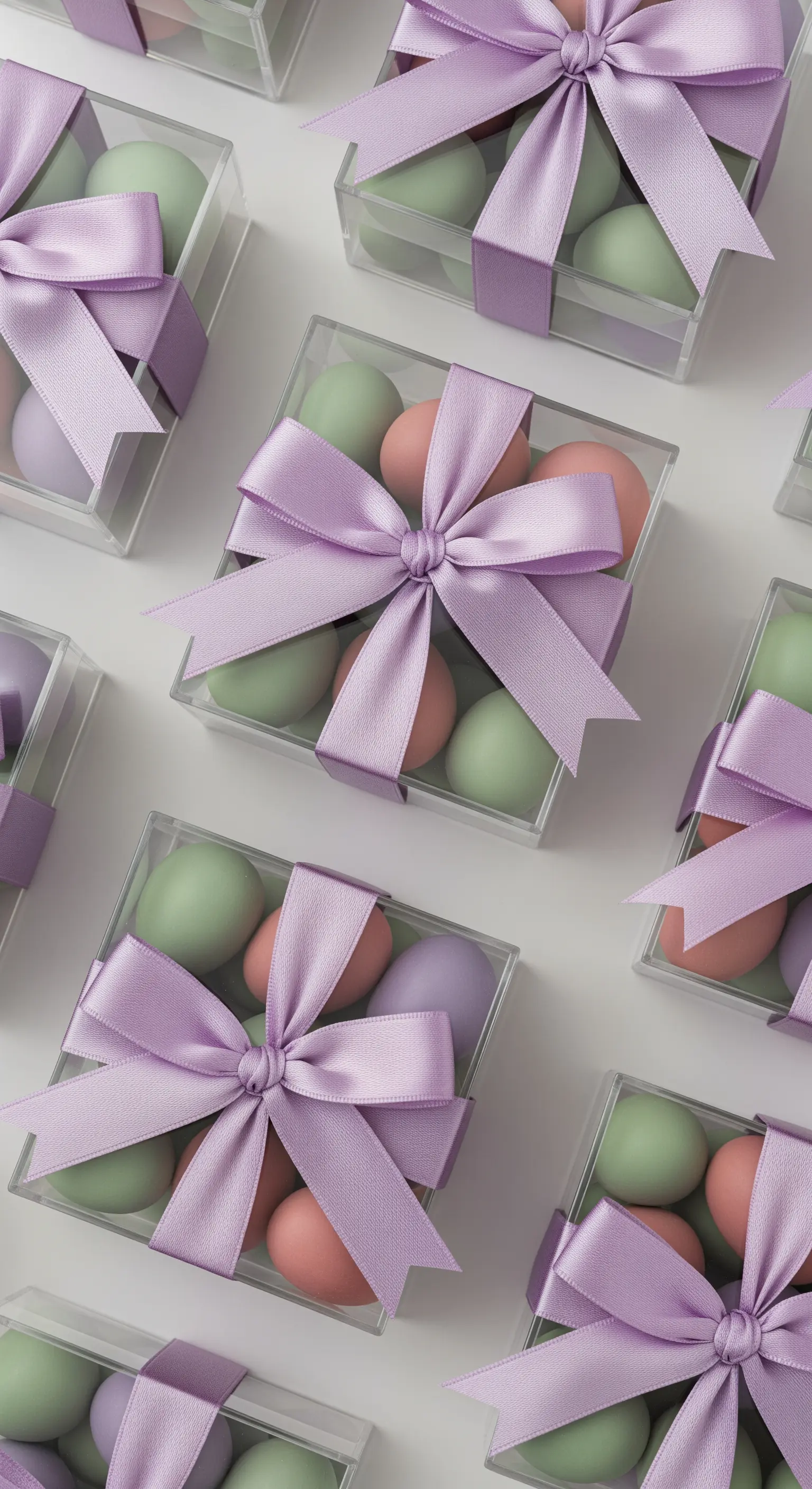Scatoline trasparenti con ovetti colorati e un grande fiocco lilla in raso.
