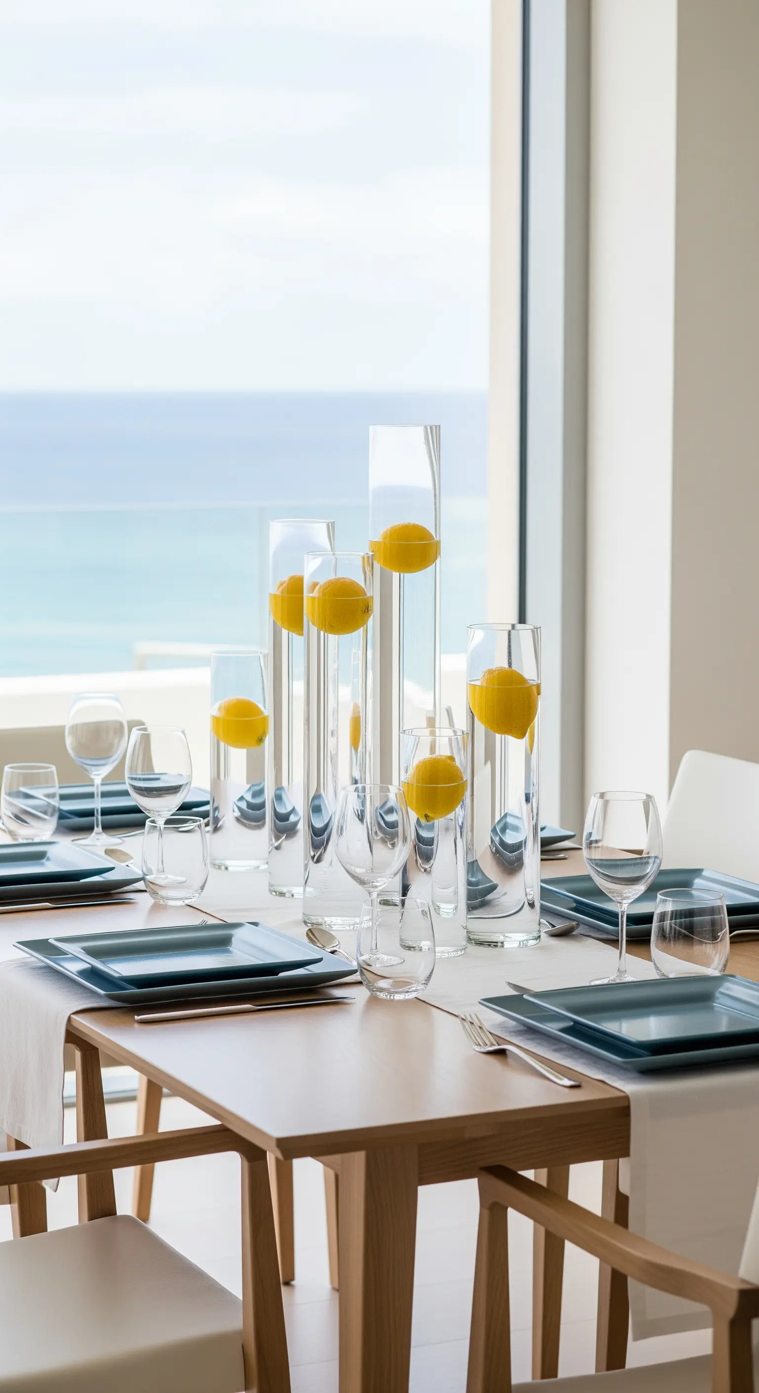 Tavola moderna con vasi in vetro di diverse altezze contenenti limoni sospesi in acqua.