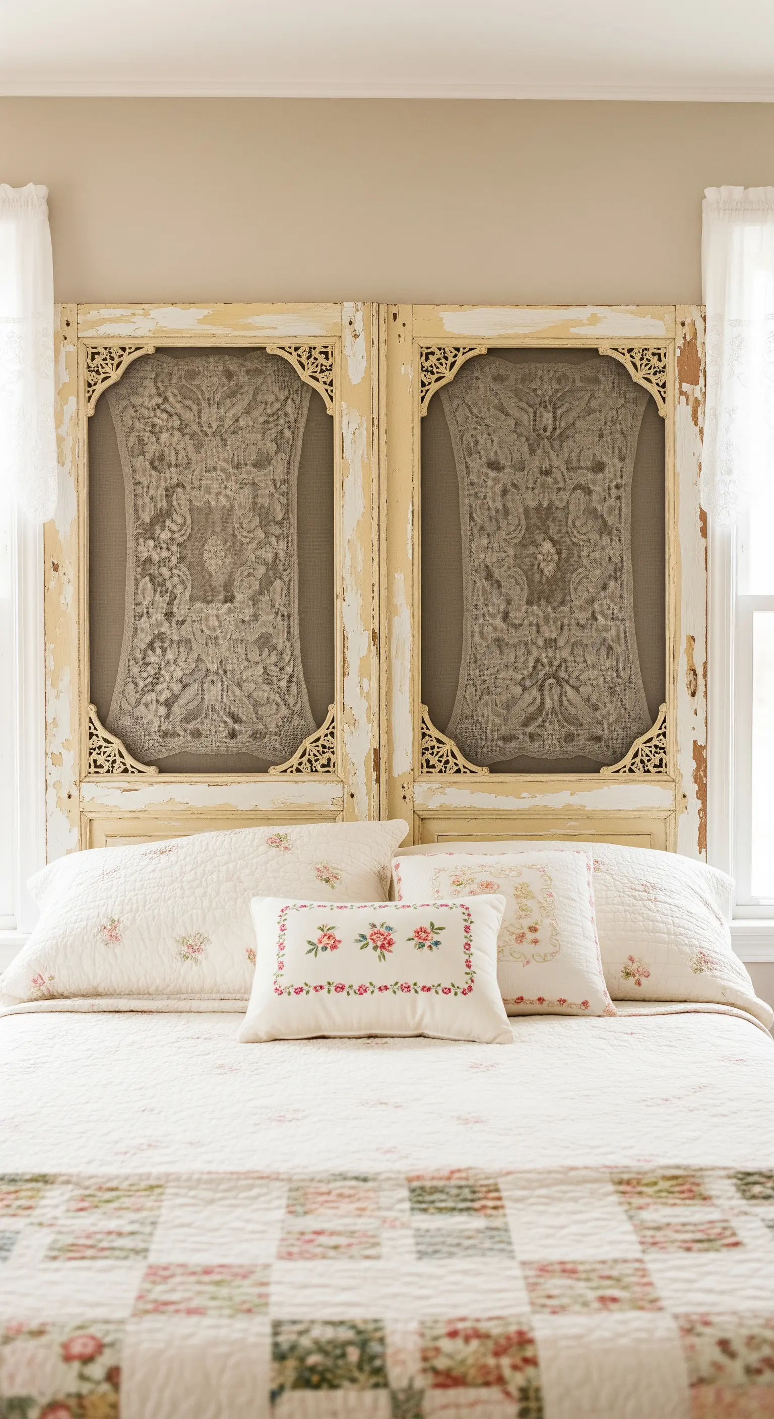 Coppia di porte antiche con pannelli in pizzo inseriti nelle cornici intagliate.