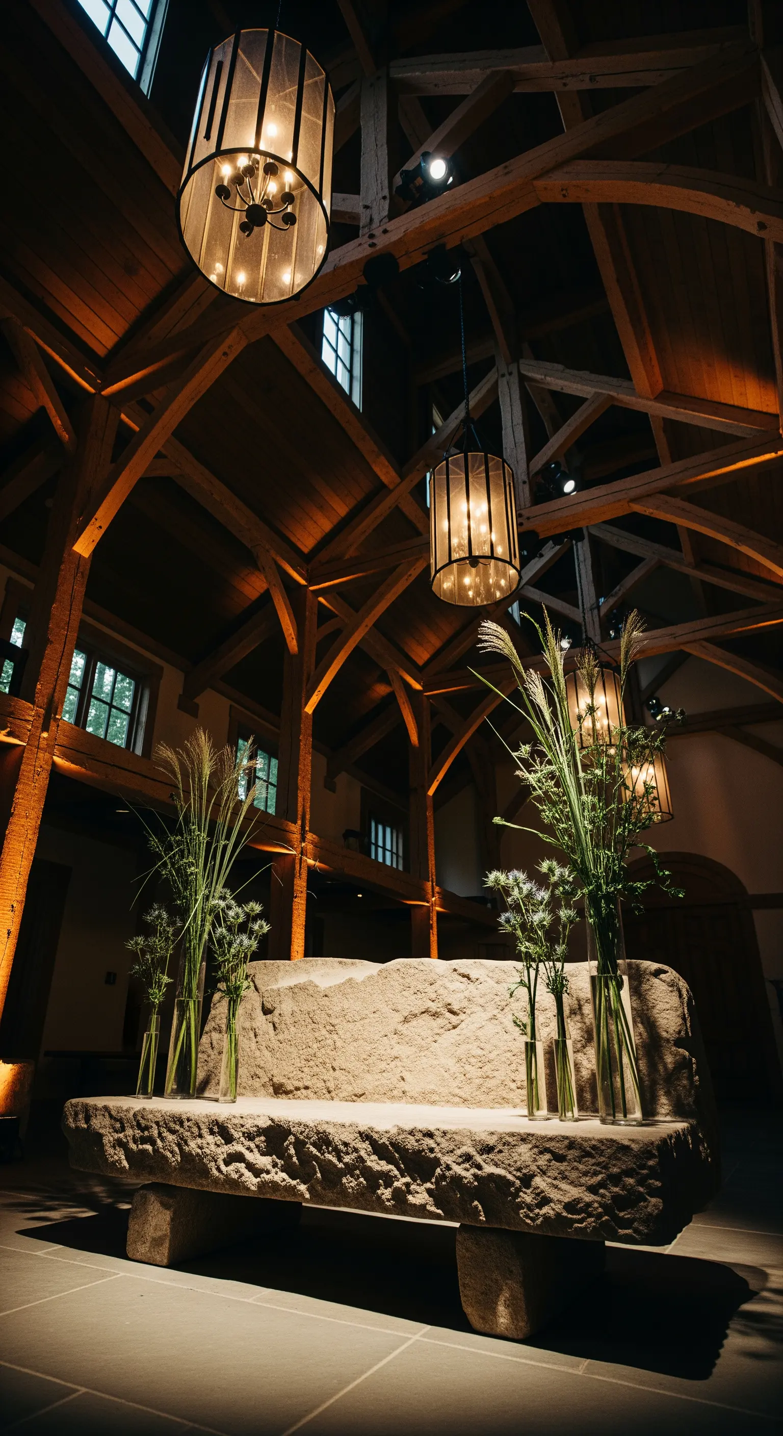 Imponente panca in pietra grezza al centro di un grande spazio con travi in legno a vista