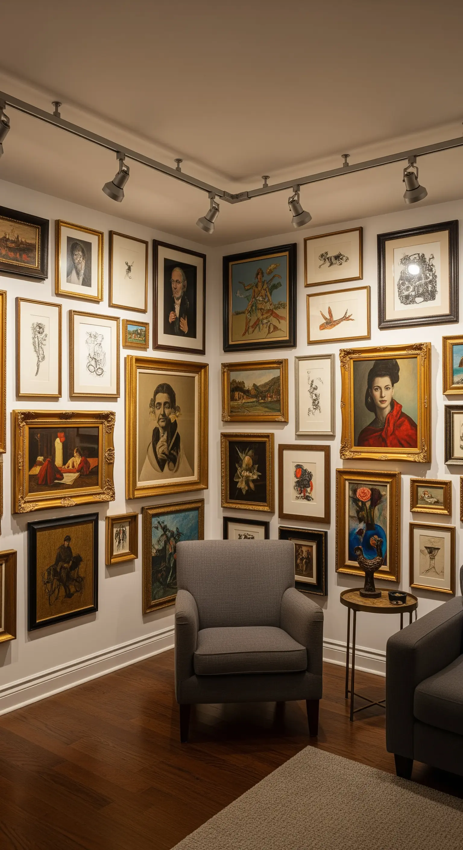 Parete interamente coperta di quadri incorniciati, illuminata da un sistema di faretti a binario.