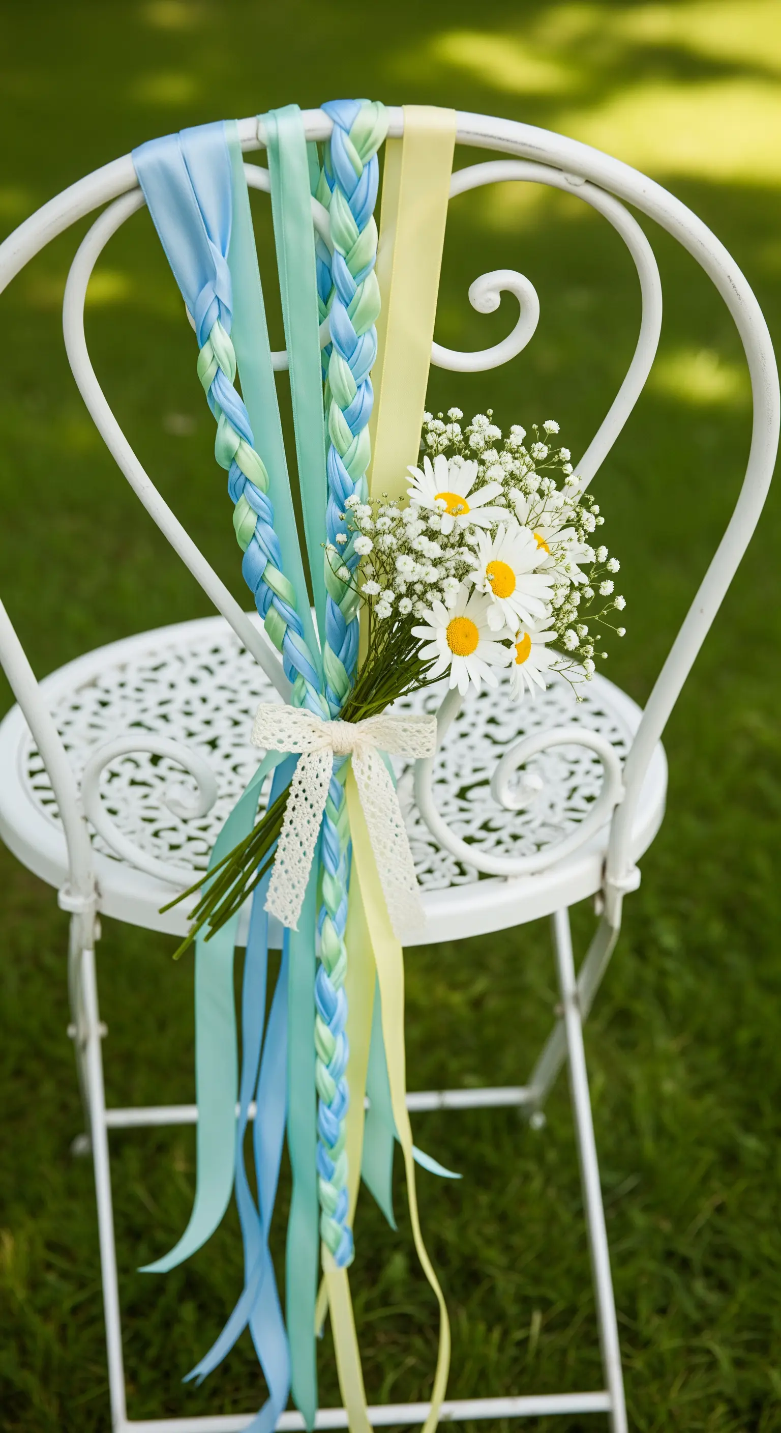 Sedia bianca in ferro battuto decorata con nastri colorati intrecciati e un mazzolino di margherite.