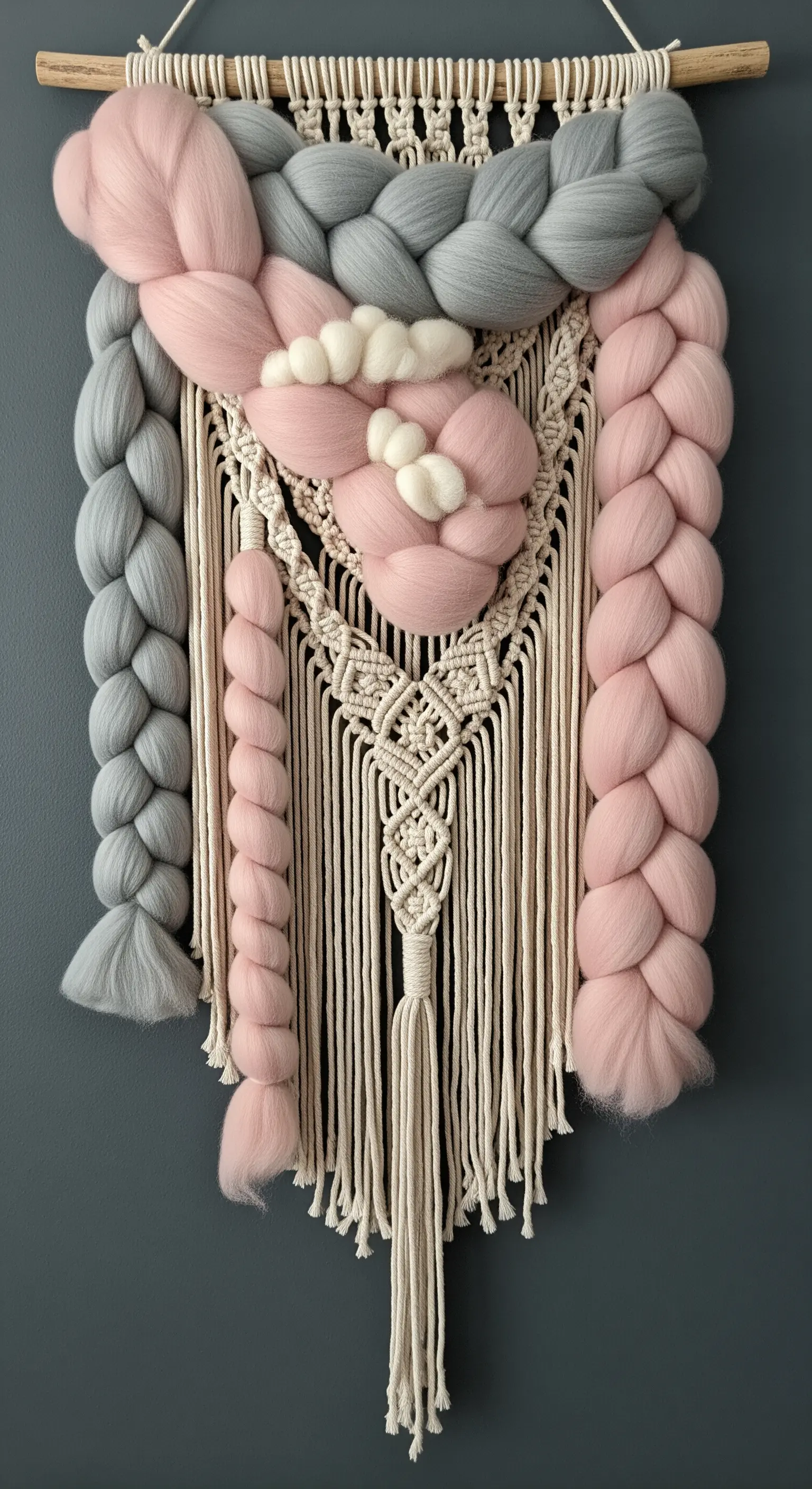 Arazzo in macramè che combina nodi tradizionali con grandi trecce di lana chunky grigia e rosa.