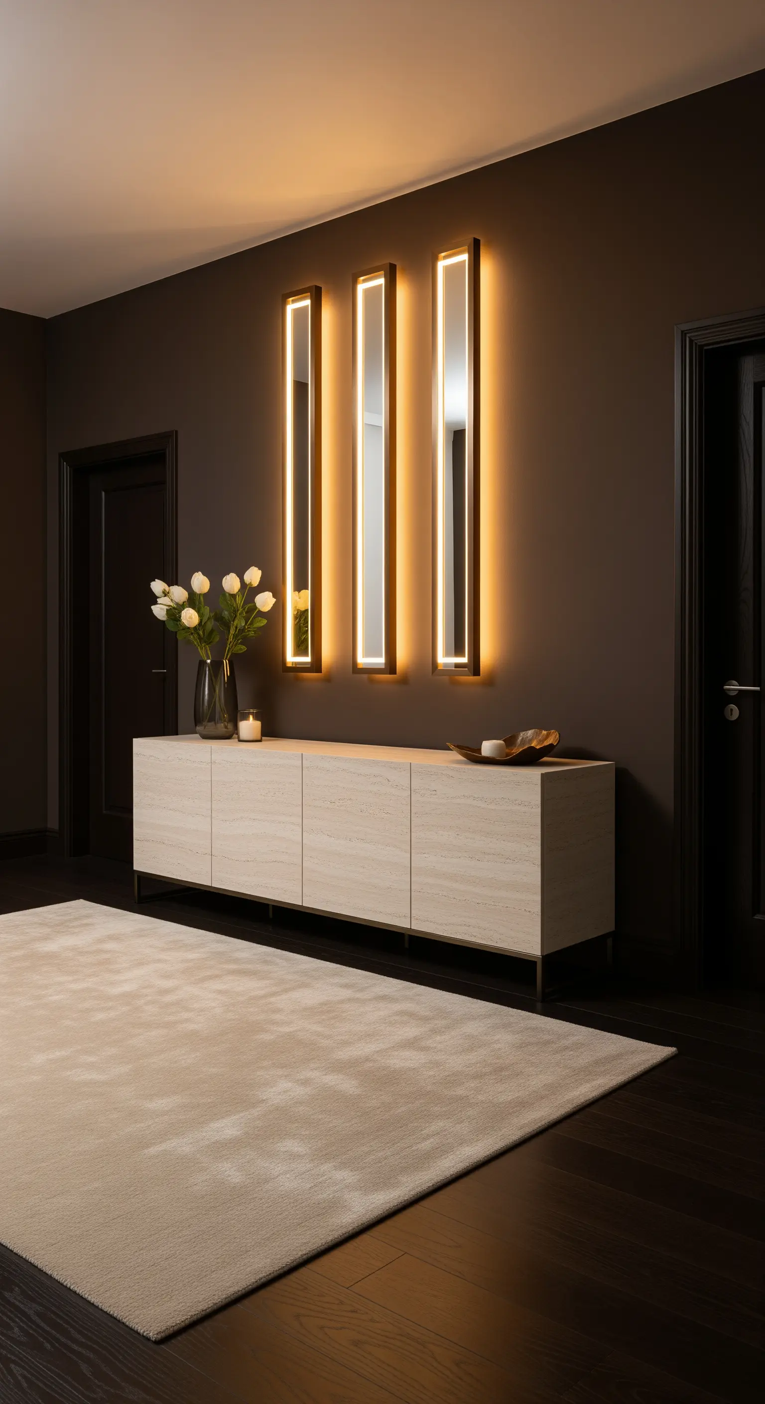 Parete marrone scuro con credenza chiara e tre specchi verticali retroilluminati.