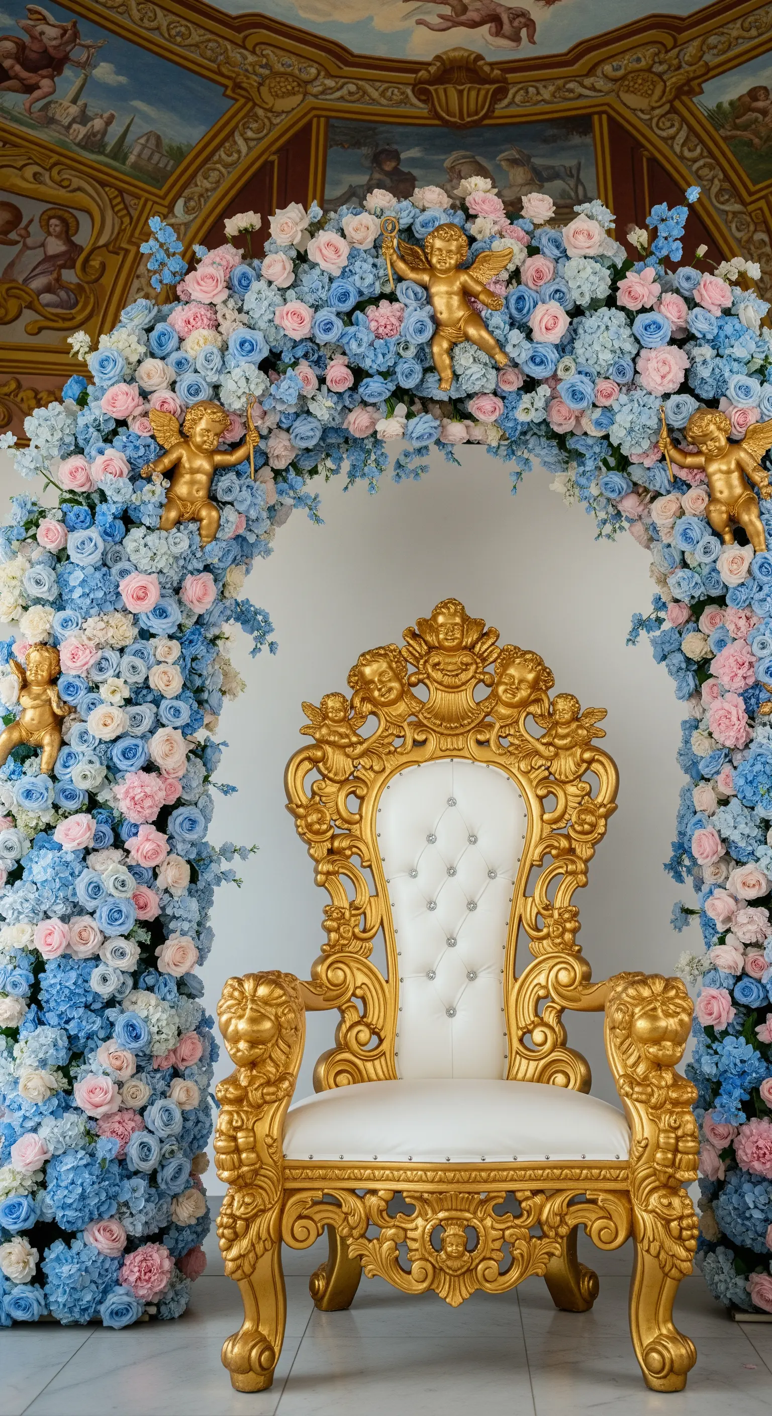 Trono dorato barocco con cherubini e un arco di fiori azzurri e rosa.