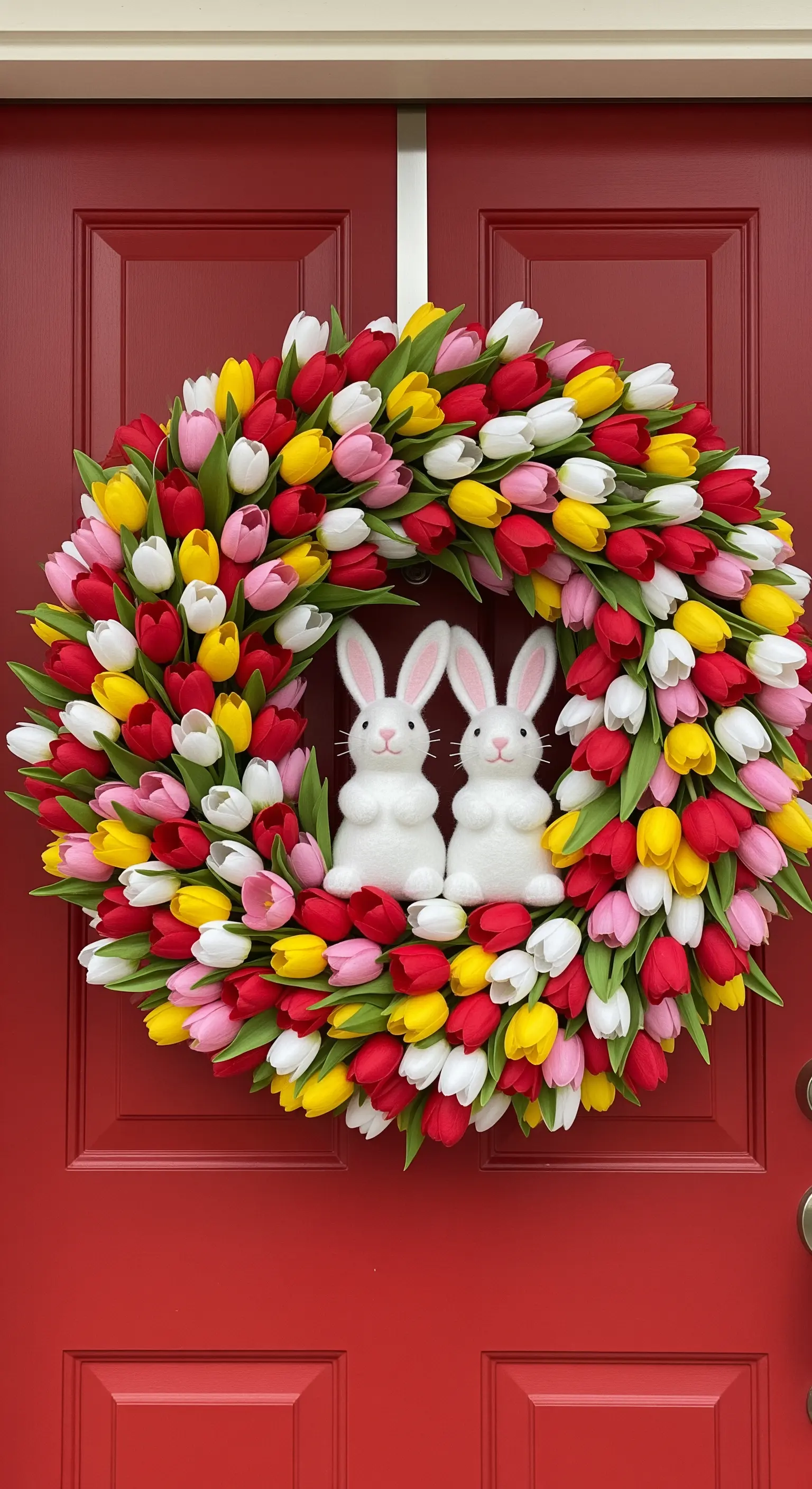 Ghirlanda fittissima di tulipani rossi, gialli, rosa e bianchi con due coniglietti.