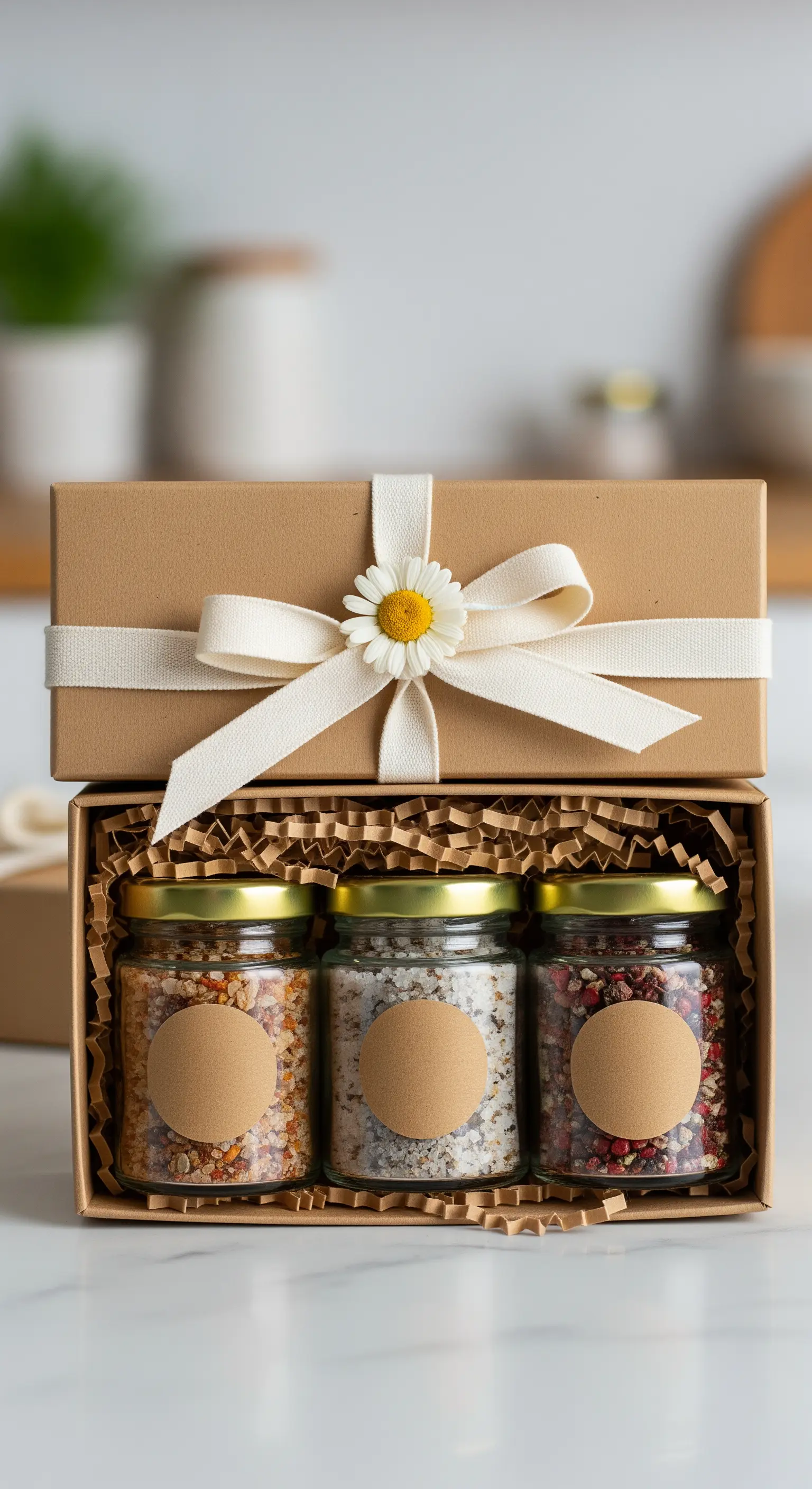 Scatola regalo aperta con tre vasetti di sali aromatici, decorata con un nastro bianco.
