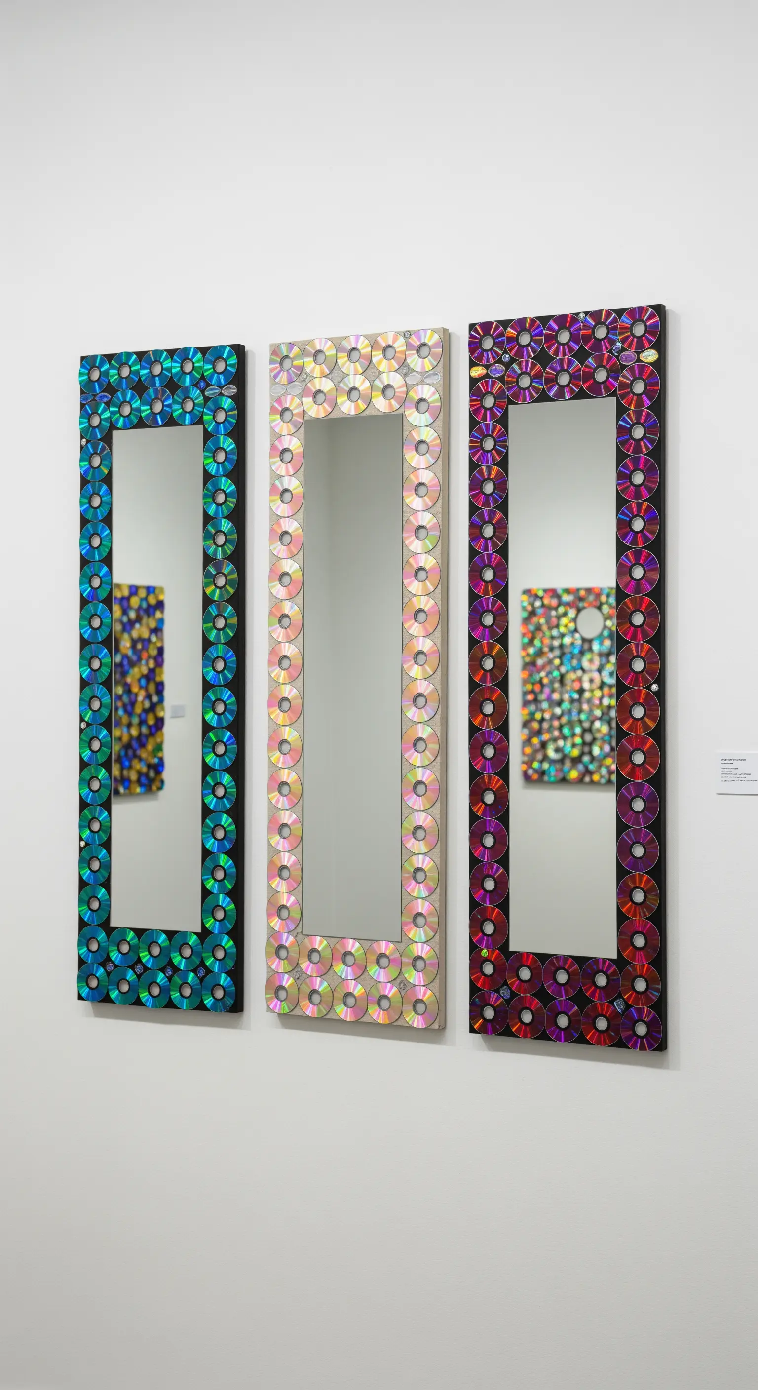 Tre specchi rettangolari appesi verticalmente, ognuno con una cornice di CD di colore diverso.