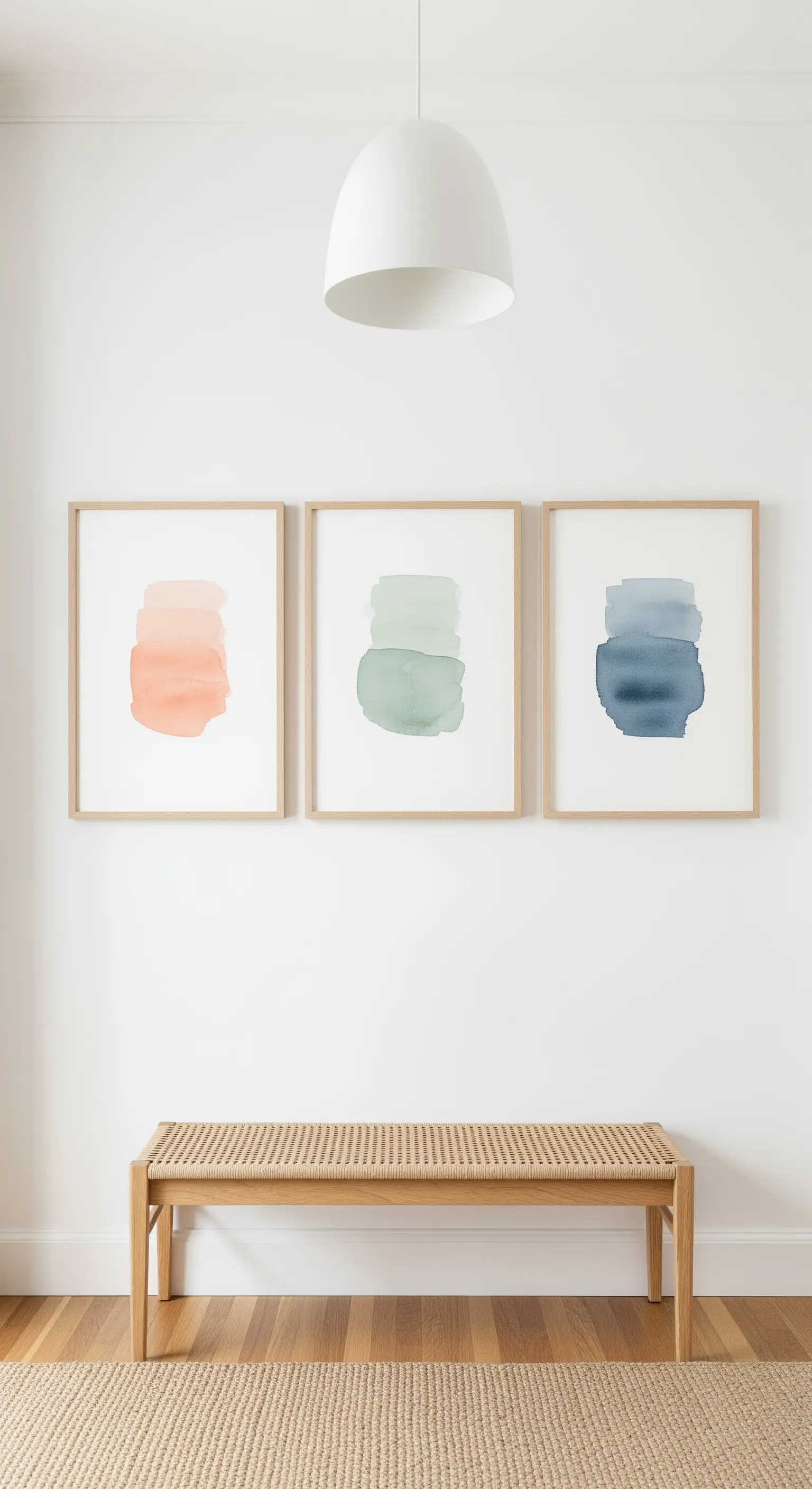 Tre cornici sottili in legno chiaro con acquerelli astratti in toni pastello su una parete bianca.