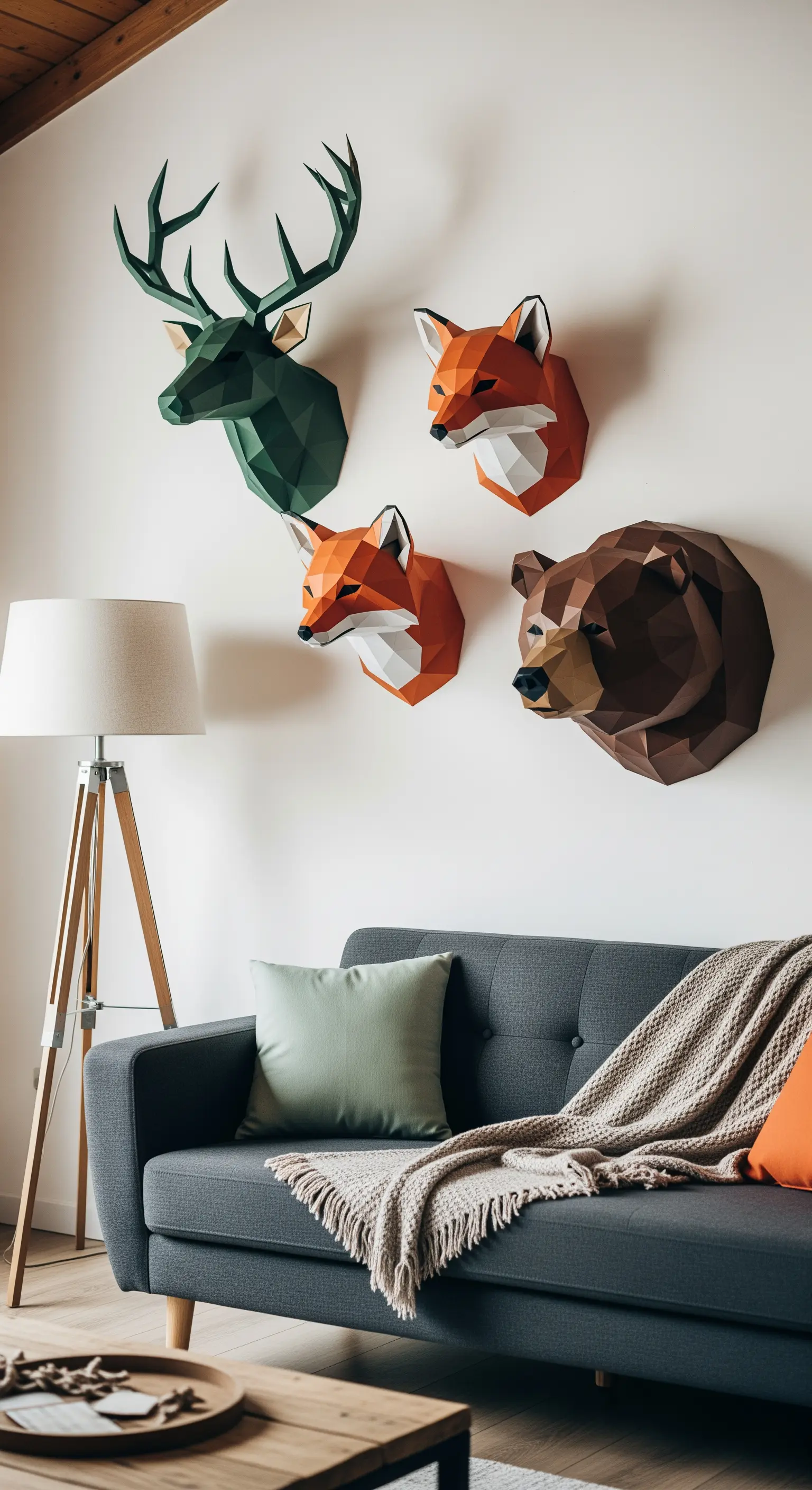 Teste di cervo, volpe e orso in stile poligonale fatte di carta e appese sopra un divano.