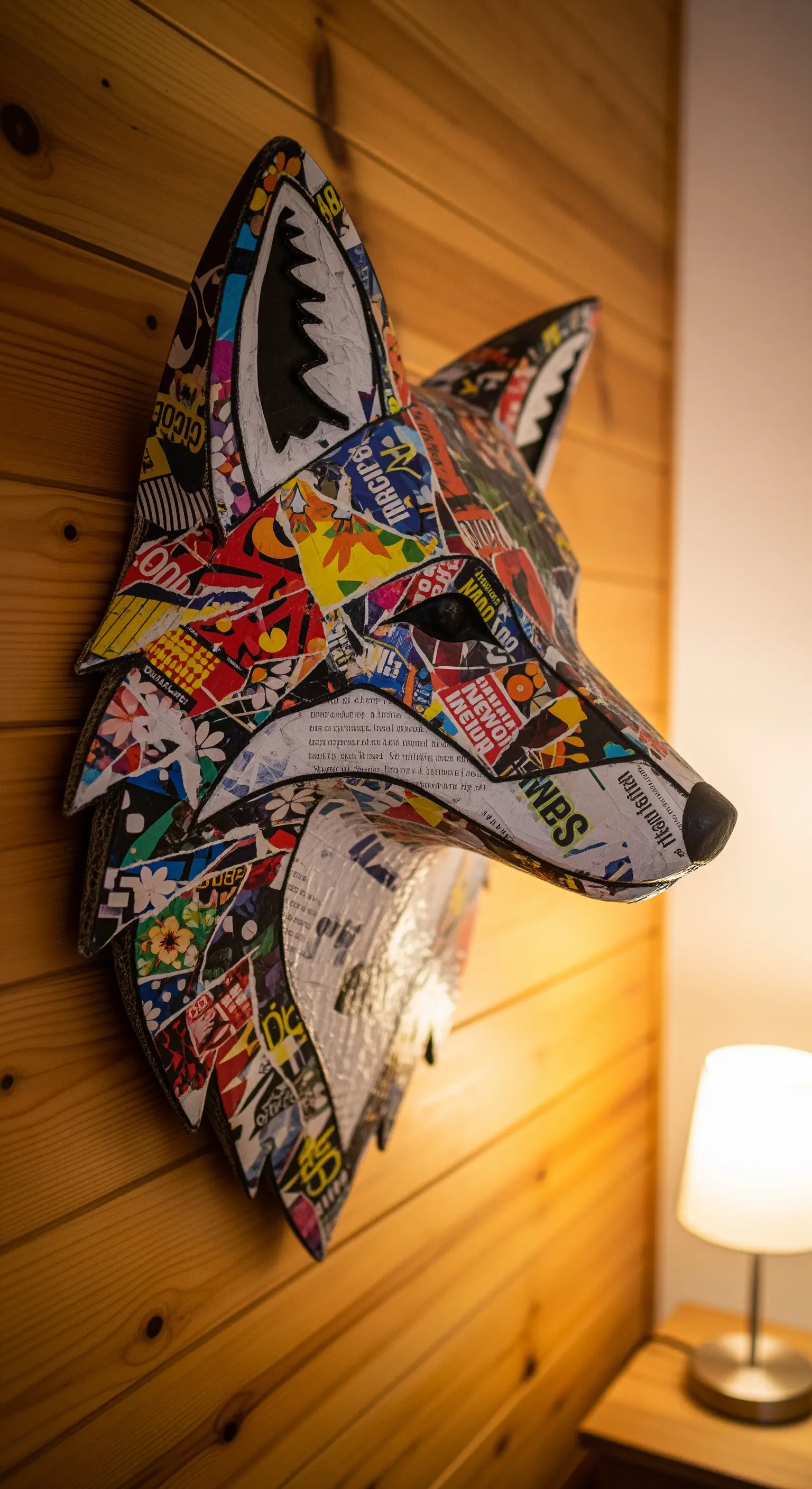 Testa di volpe tridimensionale in cartone, decorata con un collage di ritagli di riviste colorate.