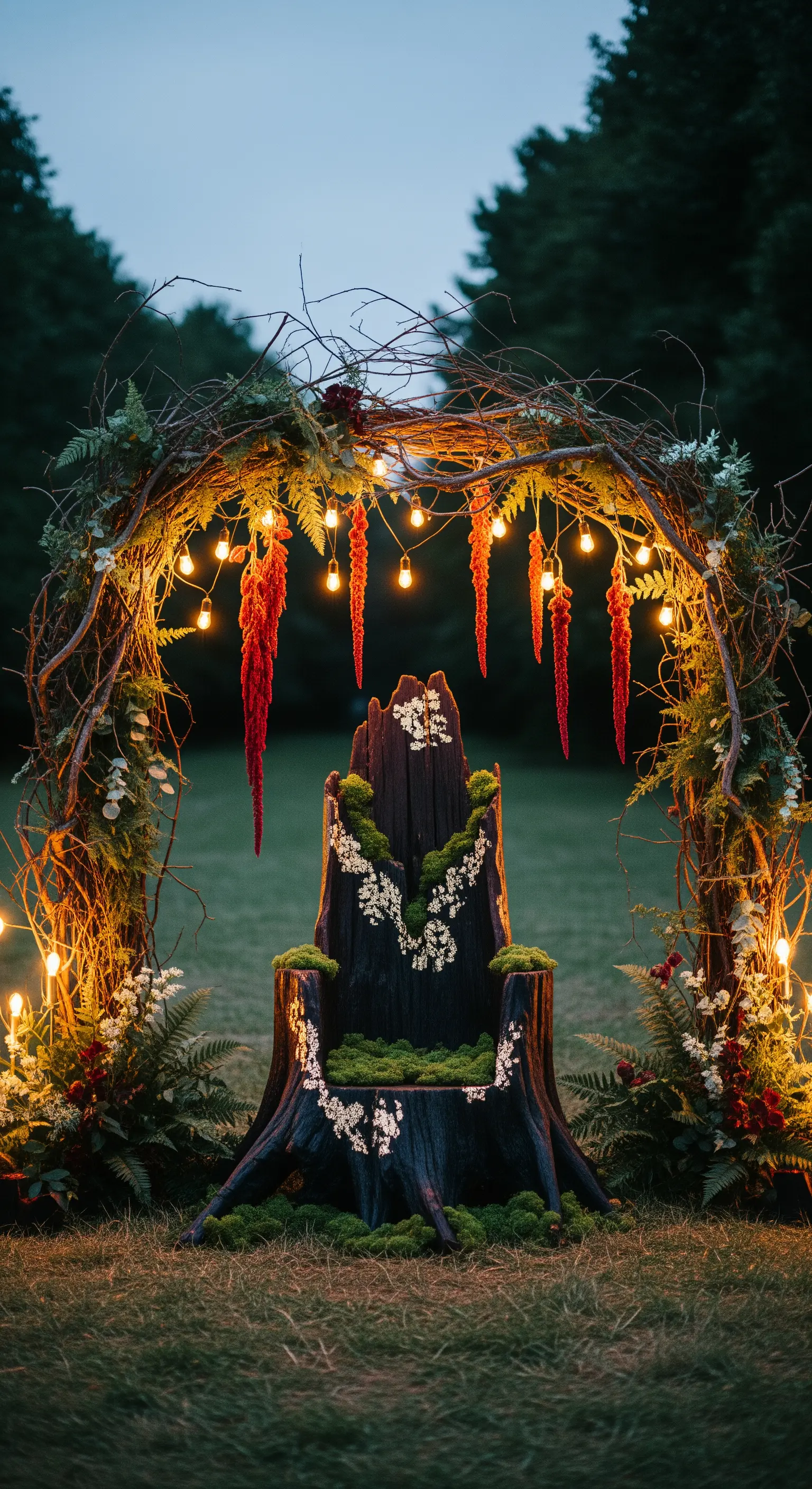 Trono ricavato da un tronco d'albero in una foresta, con luci e muschio.