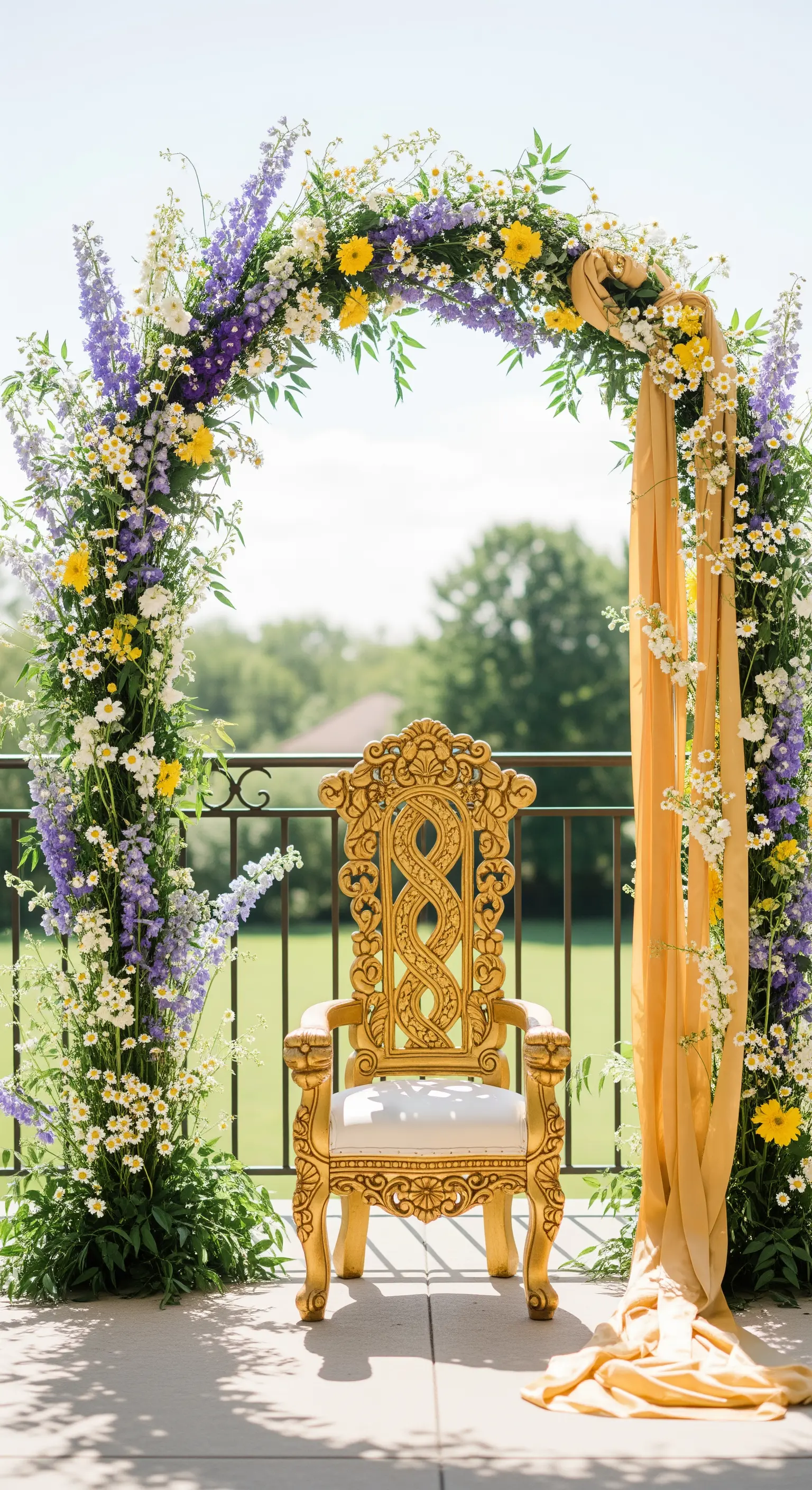 Trono dorato su un balcone, incorniciato da un arco di fiori di campo.