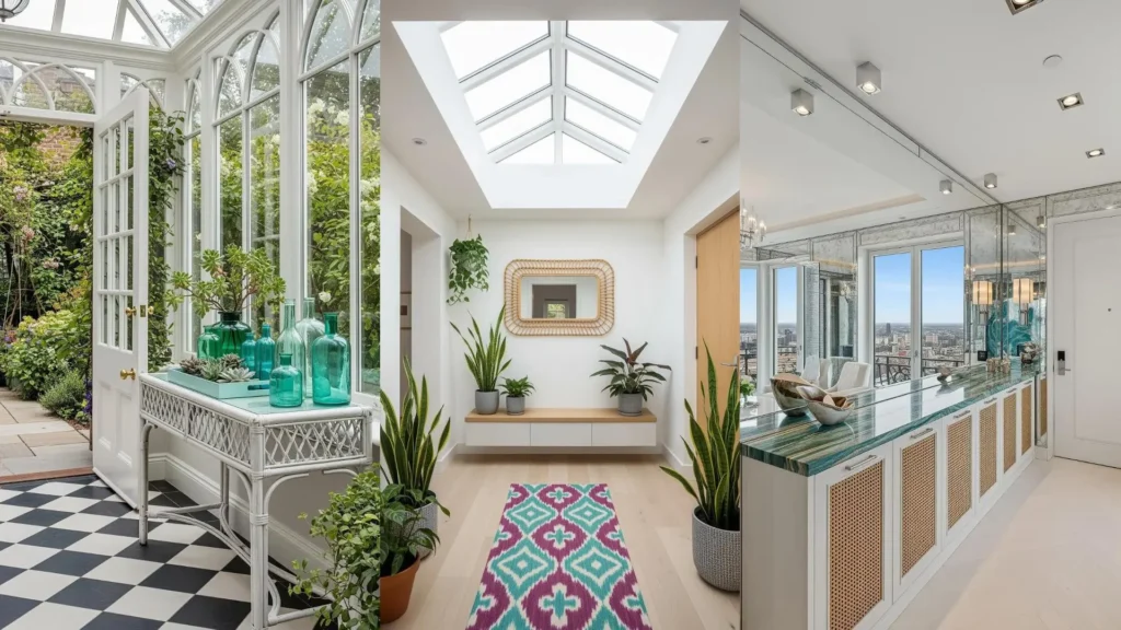 Ingressi con mobili in rattan e dettagli verde acqua: consolle bianca, specchio e mobile con piano in marmo, piante tropicali.