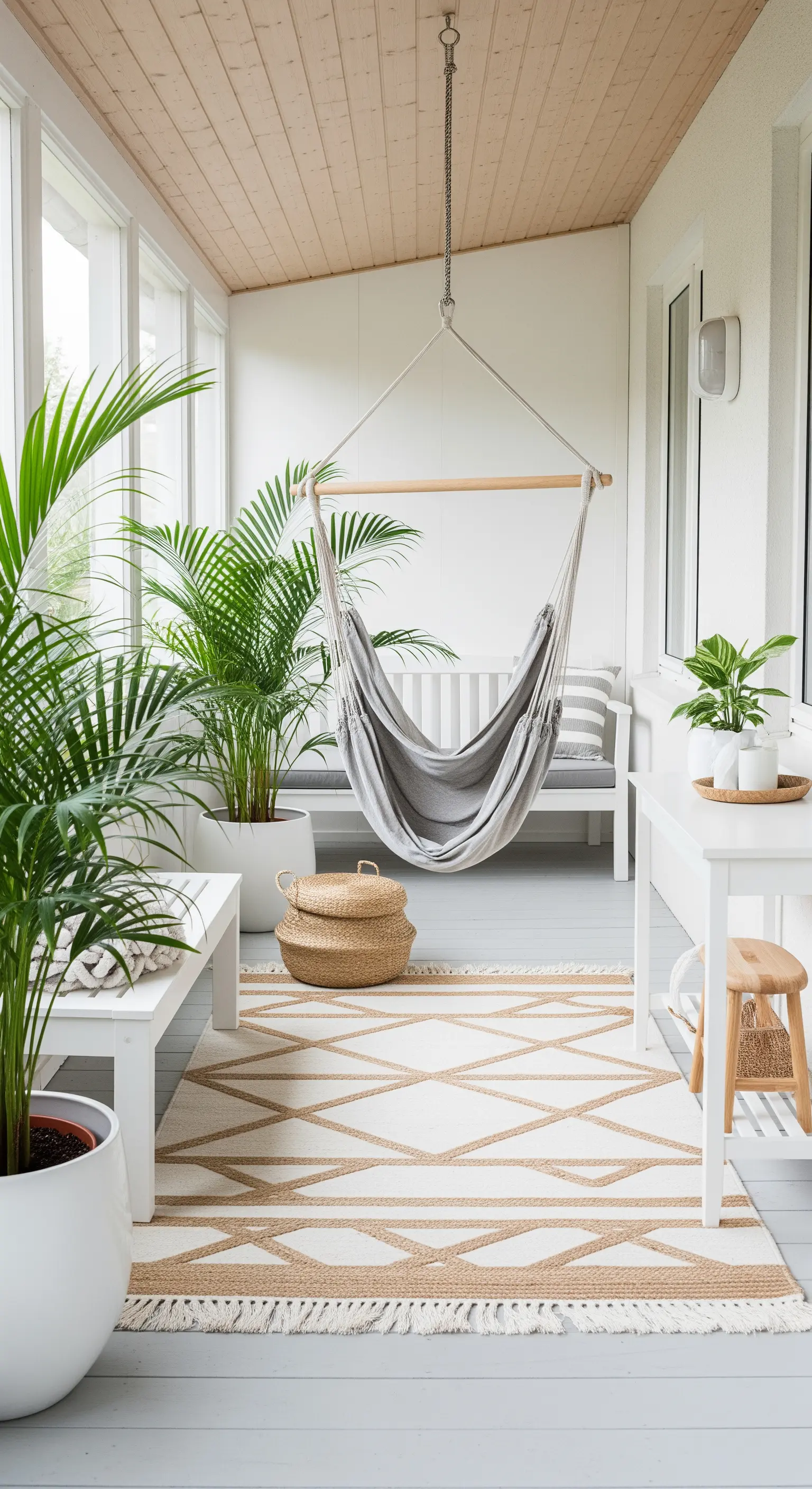 Veranda in stile scandinavo con sedia amaca grigia, mobili bianchi e tante piante.